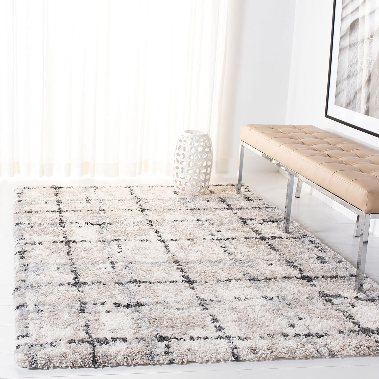 image:imageSAFAVIEH Fontana Shag Collection Area Rug 9 x 12 Grey amp Ivory Modern Grid Design NonShedding amp Easy Care 2inch Thick Ideal for High Traffic Areas in Living Room Bedroom FNT868FGreyIvory