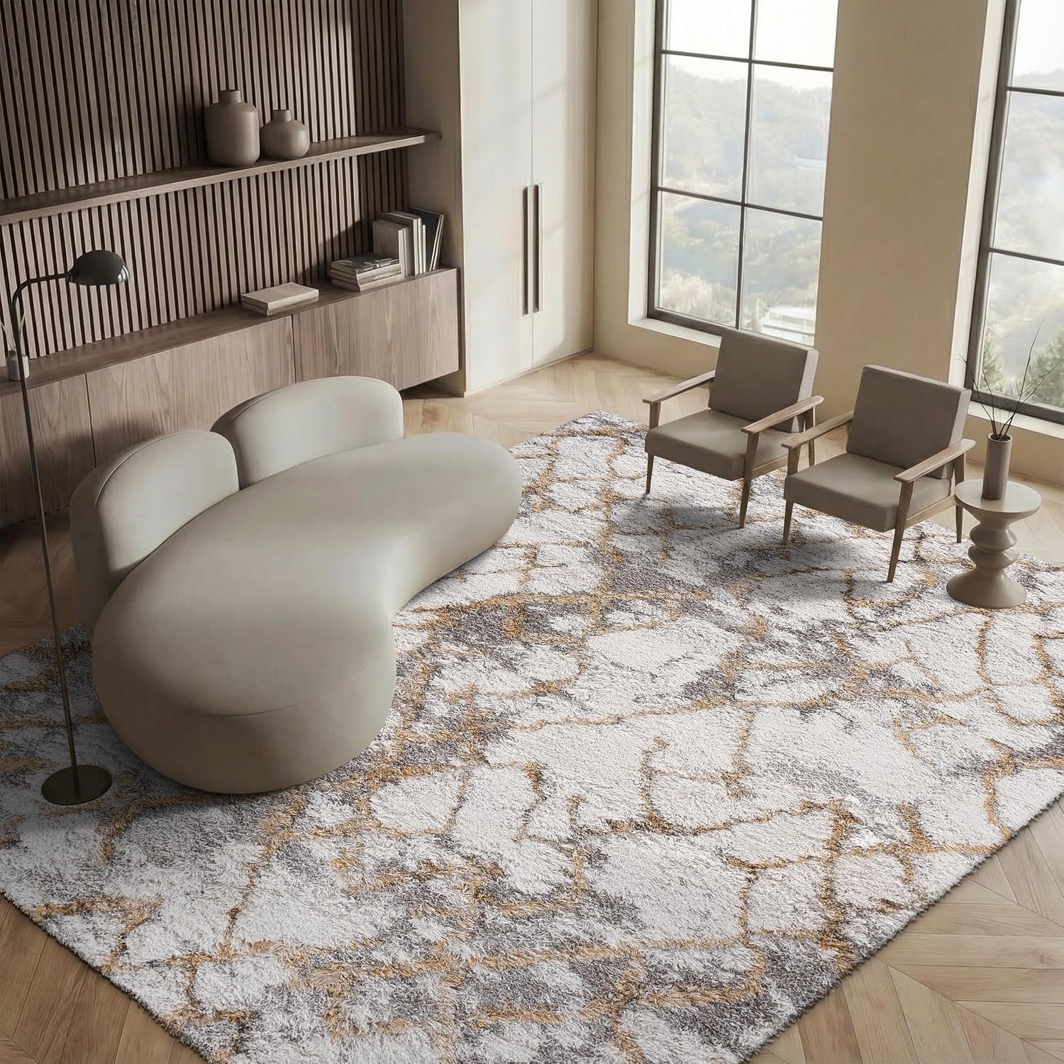 image:imageSAFAVIEH Horizon Shag Collection Area Rug 9 x 12 Ivory amp Rust Modern Abstract Design NonShedding amp Easy Care 25inch Thick Ideal for High Traffic Areas in Living Room Bedroom HZN894PIvoryGold
