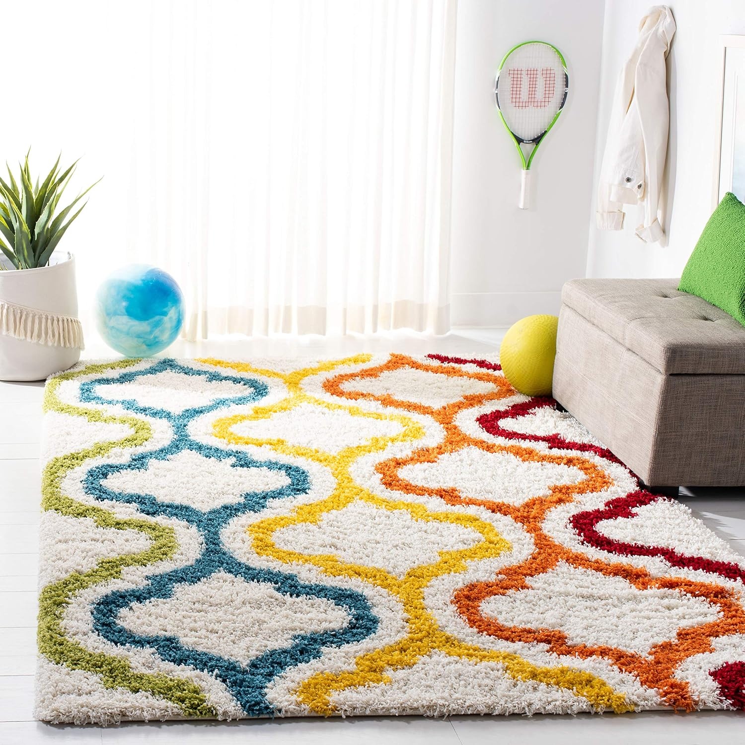 image:imageSAFAVIEH Kids Shag Collection Area Rug 86 x 12 Ivory amp Multi Rainbow Moroccan Design NonShedding amp Easy Care 2inch Thick Ideal for High Traffic Areas in Living Room Bedroom SGK561AIvoryMulti