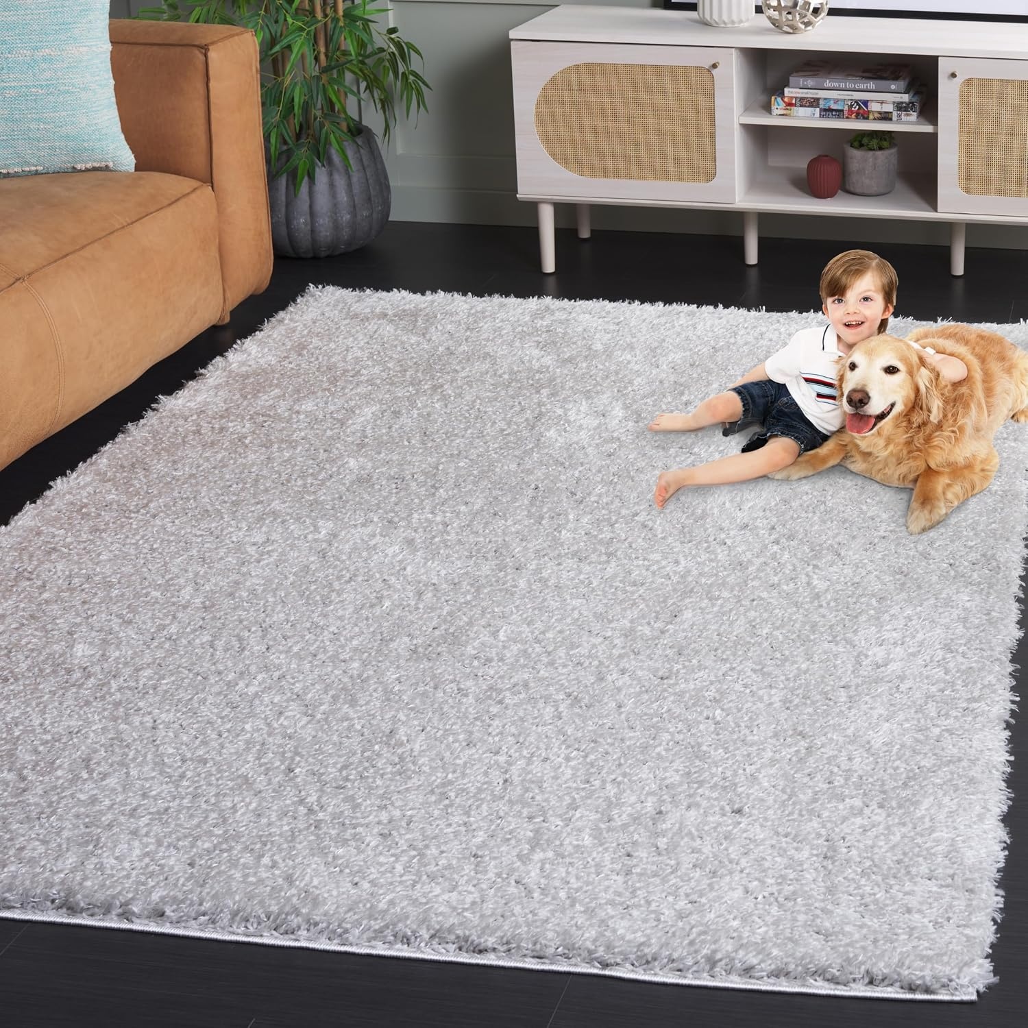 image:imageSAFAVIEH Lindsay Shag Collection Area Rug 9 x 12 Beige Modern Design 2inch Thick Ideal for the Living Room Dining Bedroom LNS560BGrey