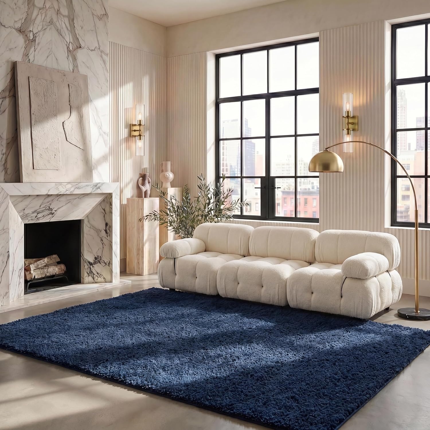 image:imageSAFAVIEH Lindsay Shag Collection Area Rug 9 x 12 Beige Modern Design 2inch Thick Ideal for the Living Room Dining Bedroom LNS560BNavy