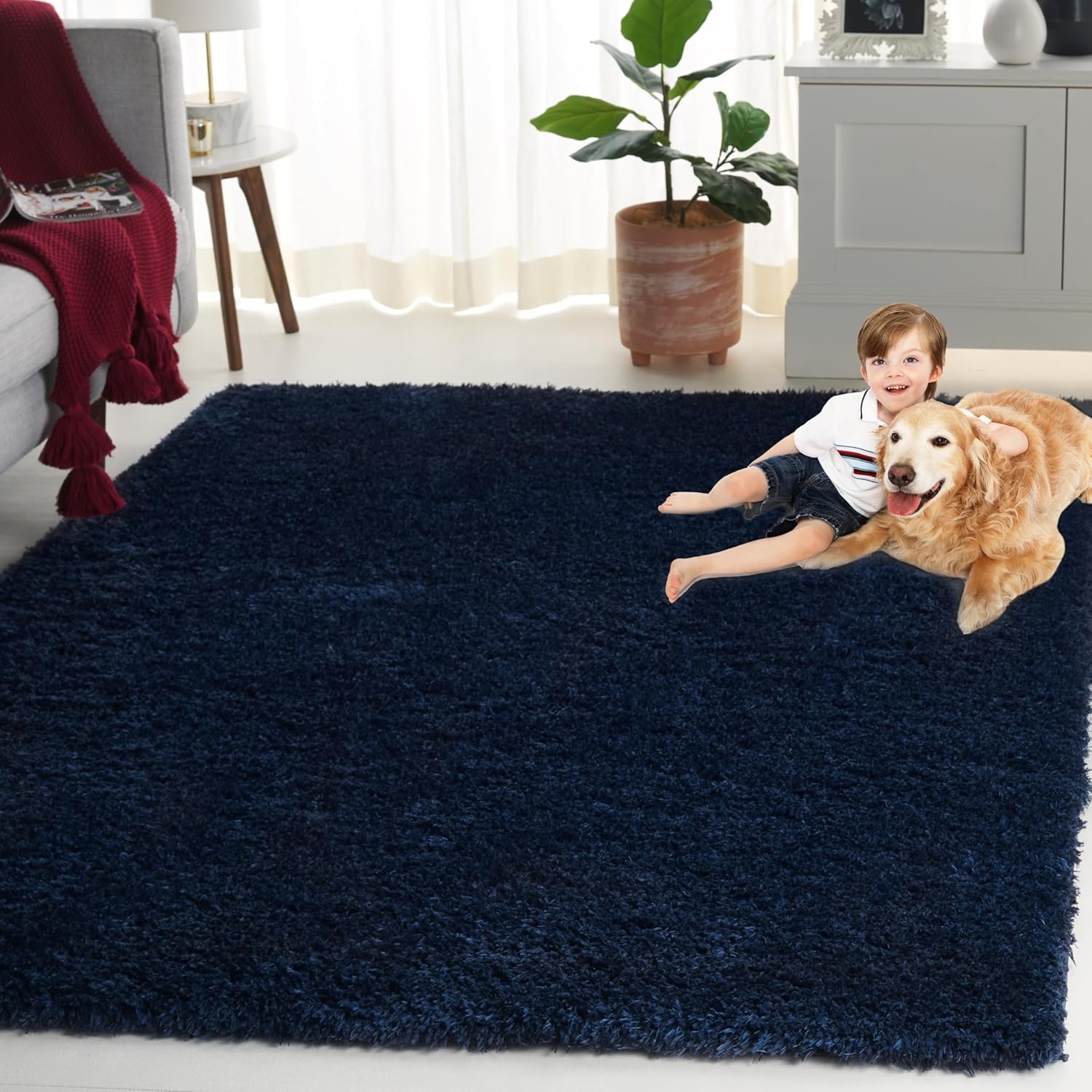 image:imageSAFAVIEH Lindsay Shag Collection Area Rug 9 x 12 Beige Modern Design 2inch Thick Ideal for the Living Room Dining Bedroom LNS560BNavy