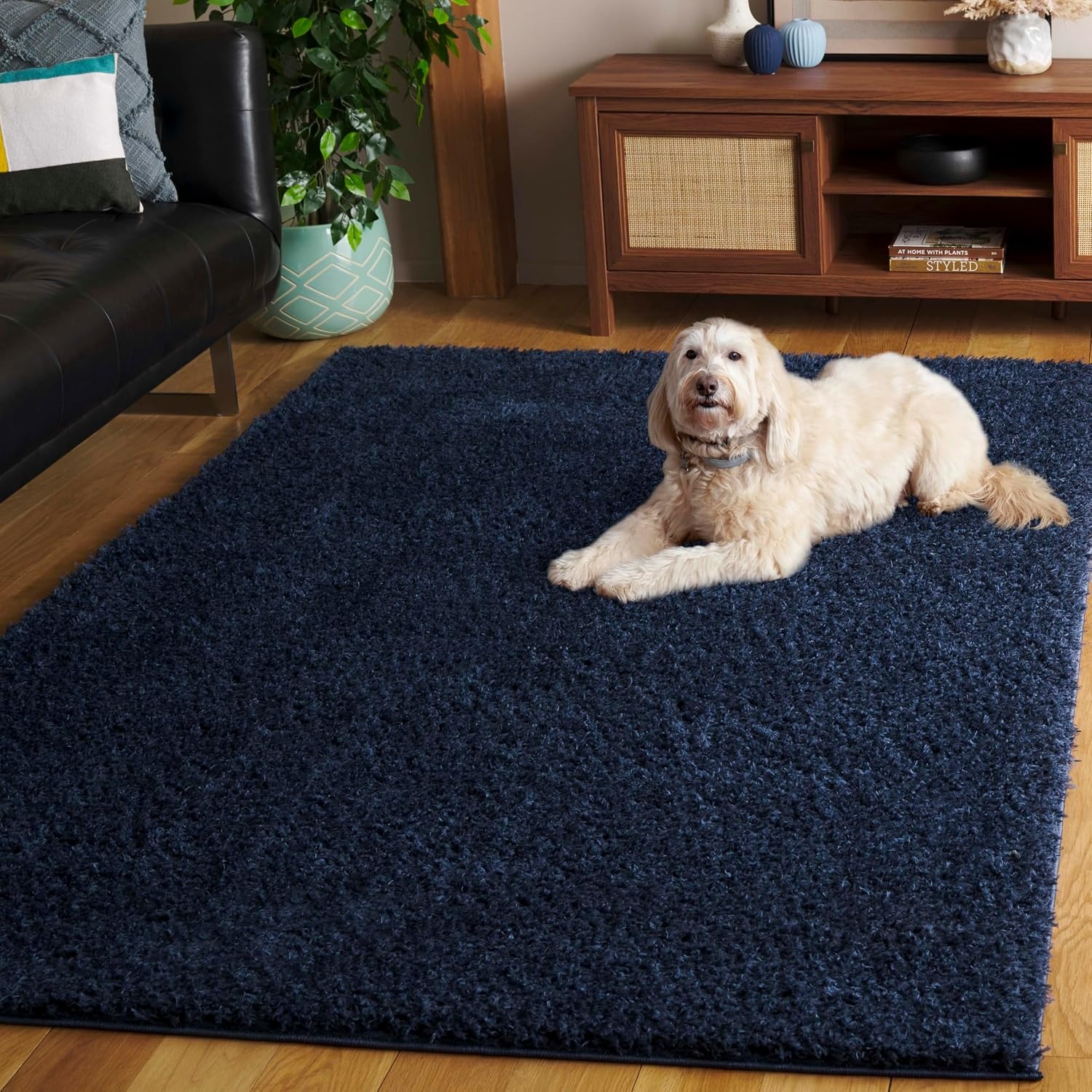 image:imageSAFAVIEH Lindsay Shag Collection Area Rug 9 x 12 Beige Modern Design 2inch Thick Ideal for the Living Room Dining Bedroom LNS560BNavy