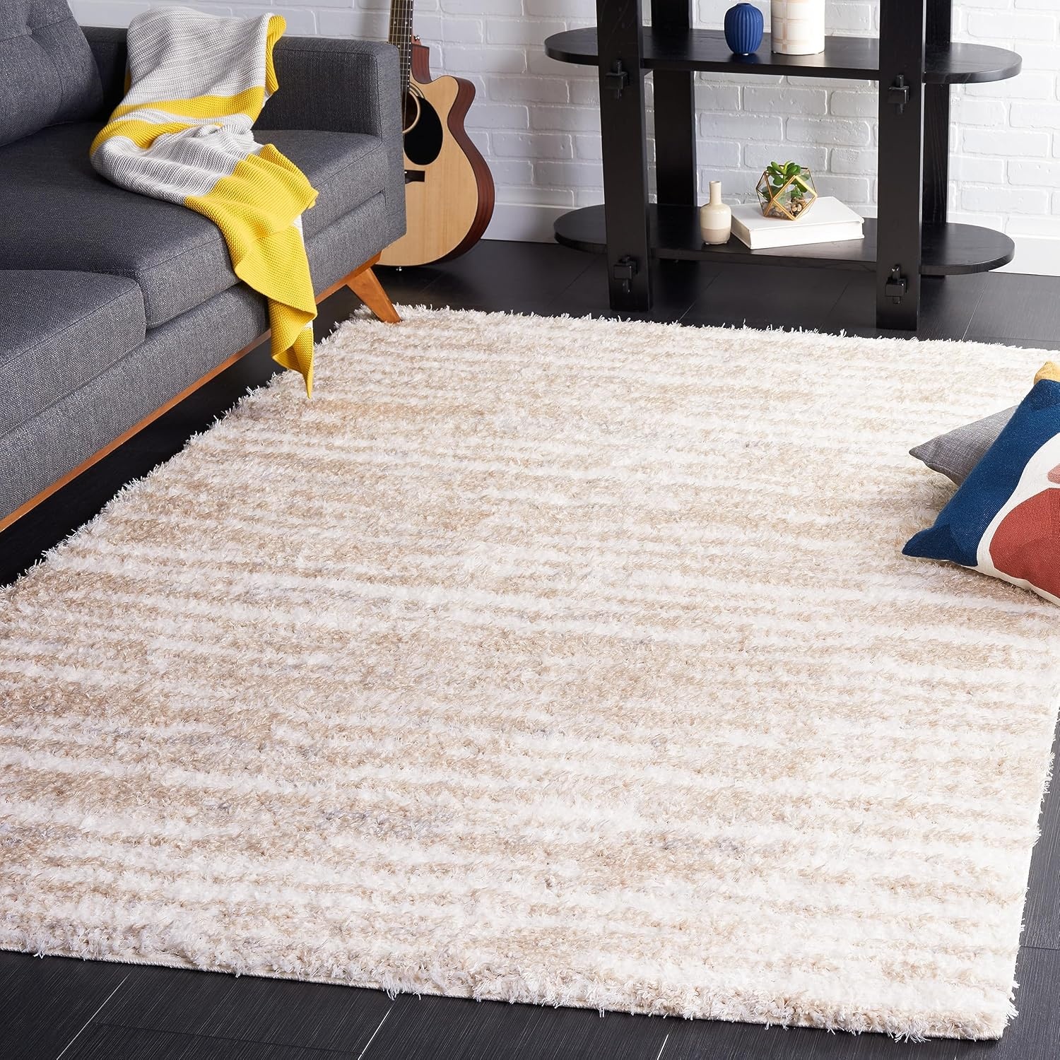 image:imageSAFAVIEH Lindsay Shag Collection Area Rug 9 x 12 Beige amp Ivory Modern Design 2inch Thick Ideal for the Living Room Dining Bedroom LNS554BBeigeIvory