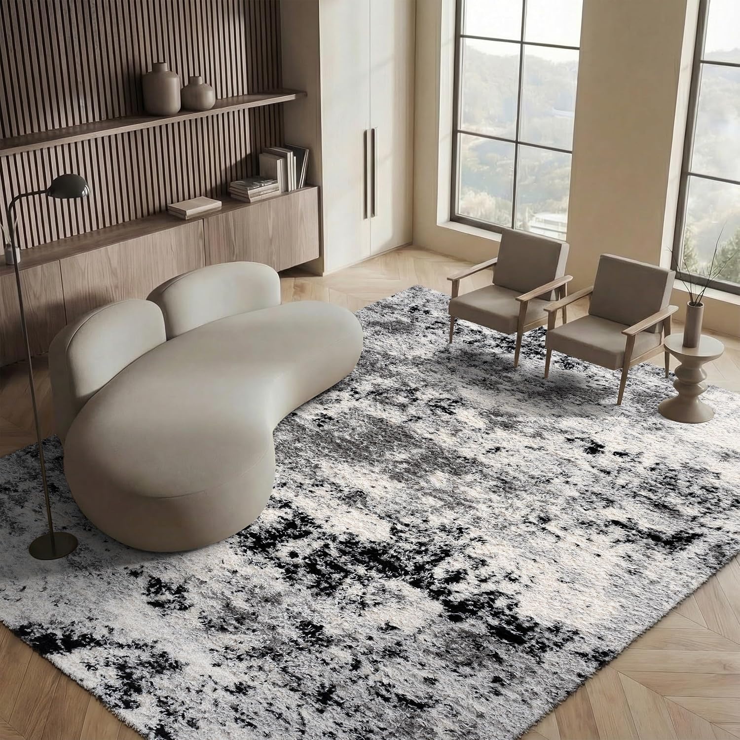 image:imageSAFAVIEH Lindsay Shag Collection Area Rug 9 x 12 Grey amp Black Ivory Modern Design 2inch Thick Ideal for the Living Room Dining Bedroom LNS556GGreyBlack Ivory