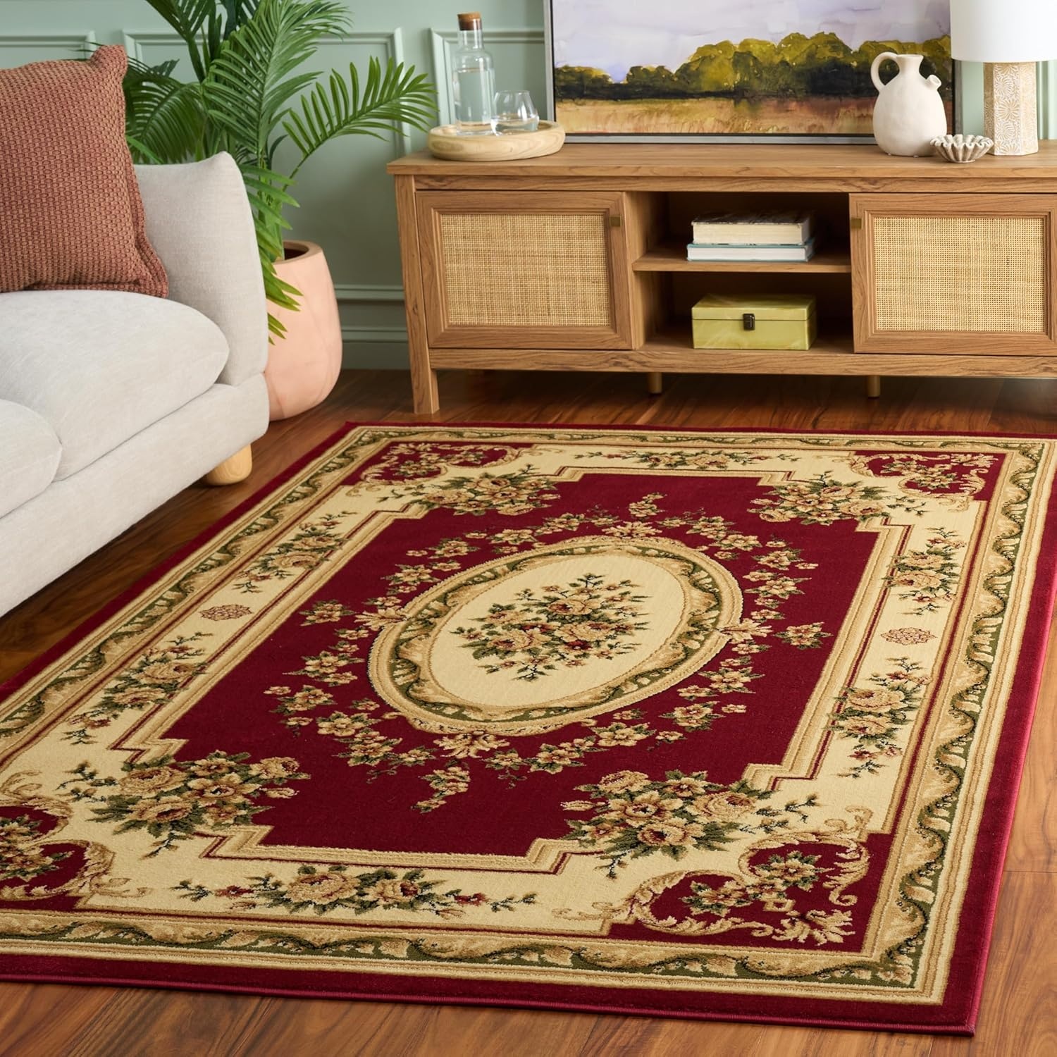 image:imageSAFAVIEH Lyndhurst Collection Area Rug 8 x 11 Red amp Ivory Traditional European Medallion Design NonShedding amp Easy Care Ideal for High Traffic Areas in Living Room Bedroom LNH218CRedIvory