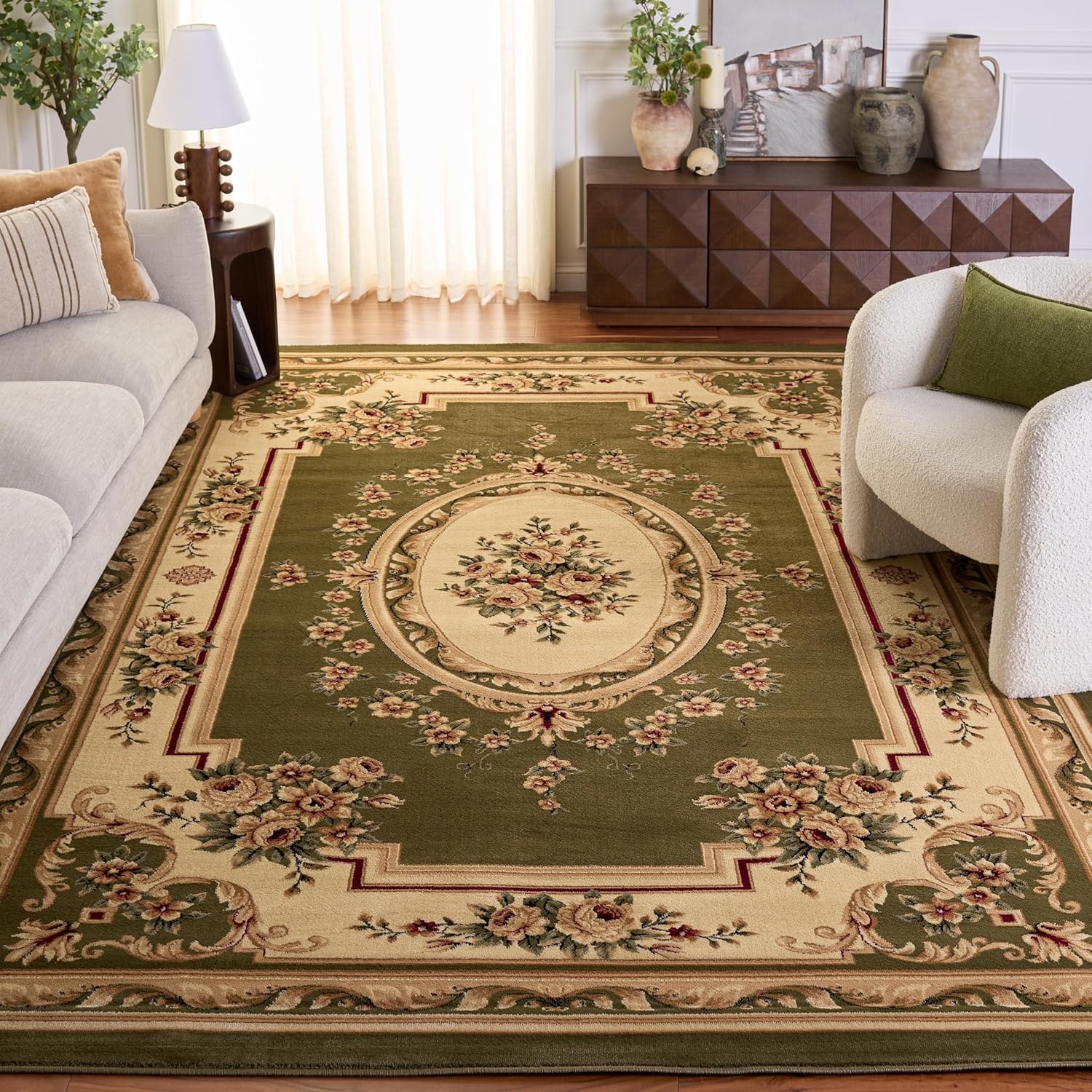 image:imageSAFAVIEH Lyndhurst Collection Area Rug 8 x 11 Red amp Ivory Traditional European Medallion Design NonShedding amp Easy Care Ideal for High Traffic Areas in Living Room Bedroom LNH218CSageIvory
