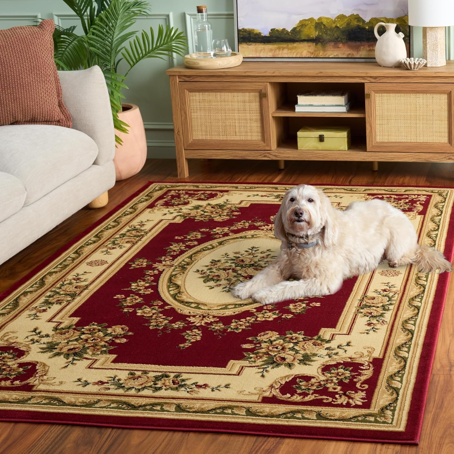 image:imageSAFAVIEH Lyndhurst Collection Area Rug 8 x 11 Red amp Ivory Traditional European Medallion Design NonShedding amp Easy Care Ideal for High Traffic Areas in Living Room Bedroom LNH218CRedIvory