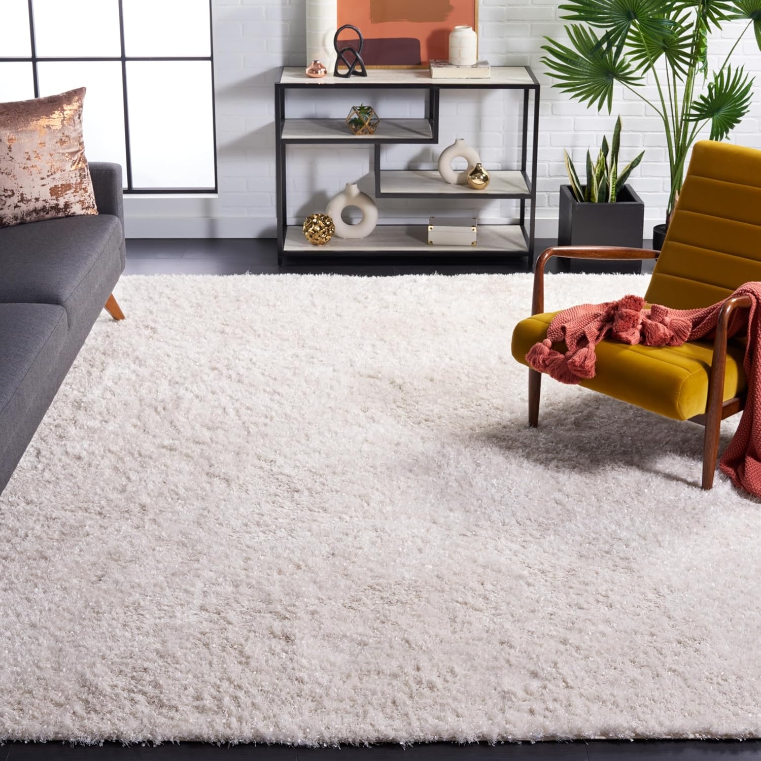 image:imageSAFAVIEH Malibu Shag Collection Area Rug 86 x 12 Silver Handmade Solid 14inch Thick Ideal for High Traffic Areas in Living Room Bedroom MLS431SWhite