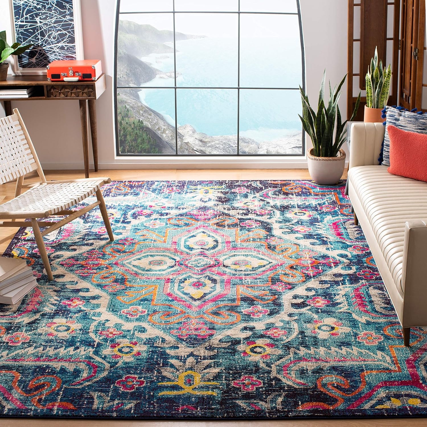image:imageSAFAVIEH Monaco Collection Area Rug 8 x 10 Blue amp Fuchsia Boho Chic Medallion Distressed Design NonShedding amp Easy Care Ideal for High Traffic Areas in Living Room Bedroom MNC252JBlueFuchsia