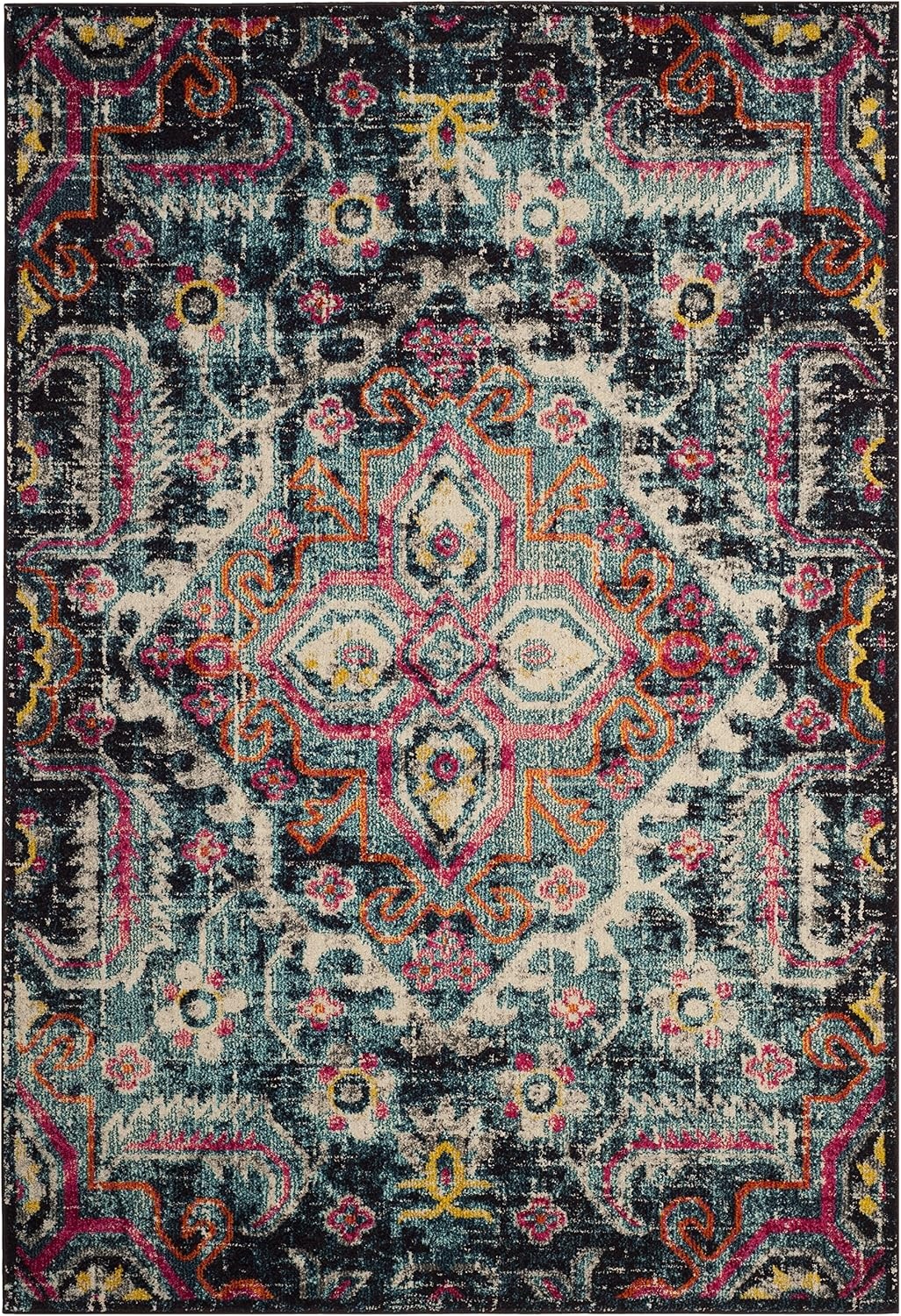 image:imageSAFAVIEH Monaco Collection Area Rug 8 x 10 Blue amp Fuchsia Boho Chic Medallion Distressed Design NonShedding amp Easy Care Ideal for High Traffic Areas in Living Room Bedroom MNC252JBlueFuchsia