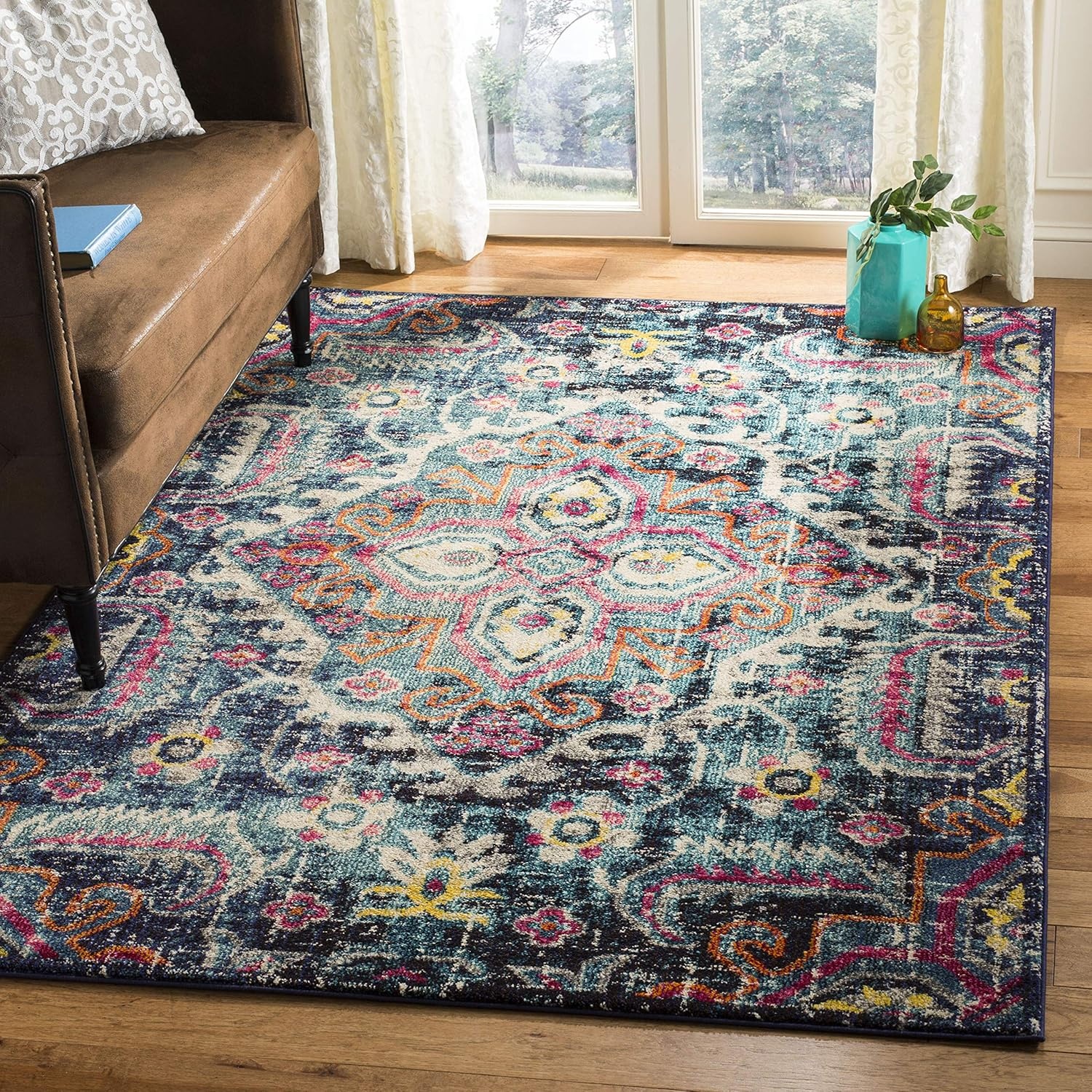 image:imageSAFAVIEH Monaco Collection Area Rug 8 x 10 Blue amp Fuchsia Boho Chic Medallion Distressed Design NonShedding amp Easy Care Ideal for High Traffic Areas in Living Room Bedroom MNC252JBlueFuchsia