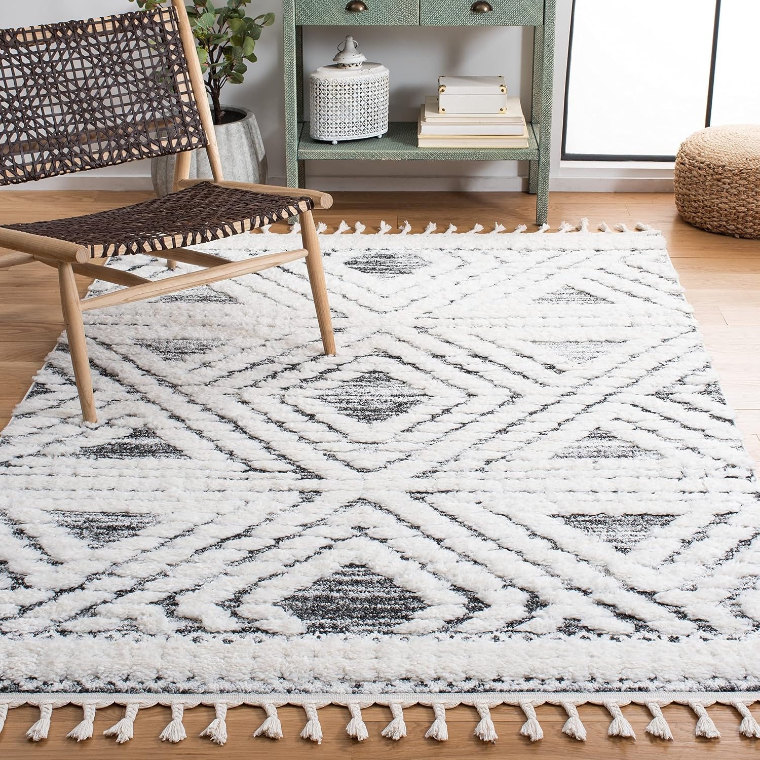 image:imageSAFAVIEH Moroccan Tassel Shag Collection Area Rug 9 x 12 Ivory amp Grey Boho Design NonShedding amp Easy Care 2inch Thick Ideal for High Traffic Areas in Living Room Bedroom MTS614AIvoryGrey