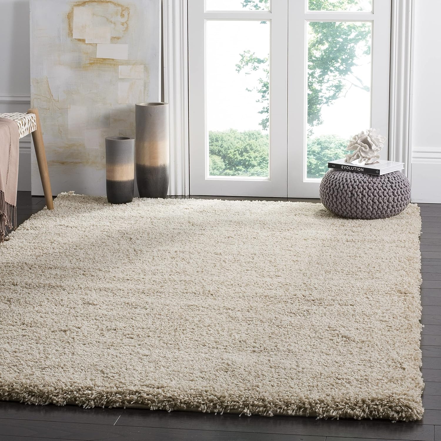 image:imageSAFAVIEH Santa Monica Shag Collection 8 x 10 Navy SGN725 Solid NonShedding Living Room Bedroom Dining Room Entryway Plush 2inch Thick Area RugBeige