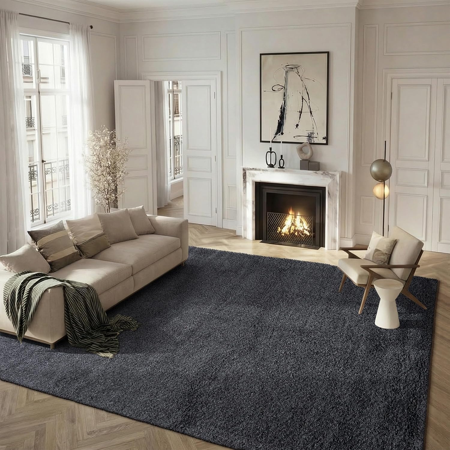 image:imageSAFAVIEH Santa Monica Shag Collection 8 x 10 Navy SGN725 Solid NonShedding Living Room Bedroom Dining Room Entryway Plush 2inch Thick Area RugDark Grey