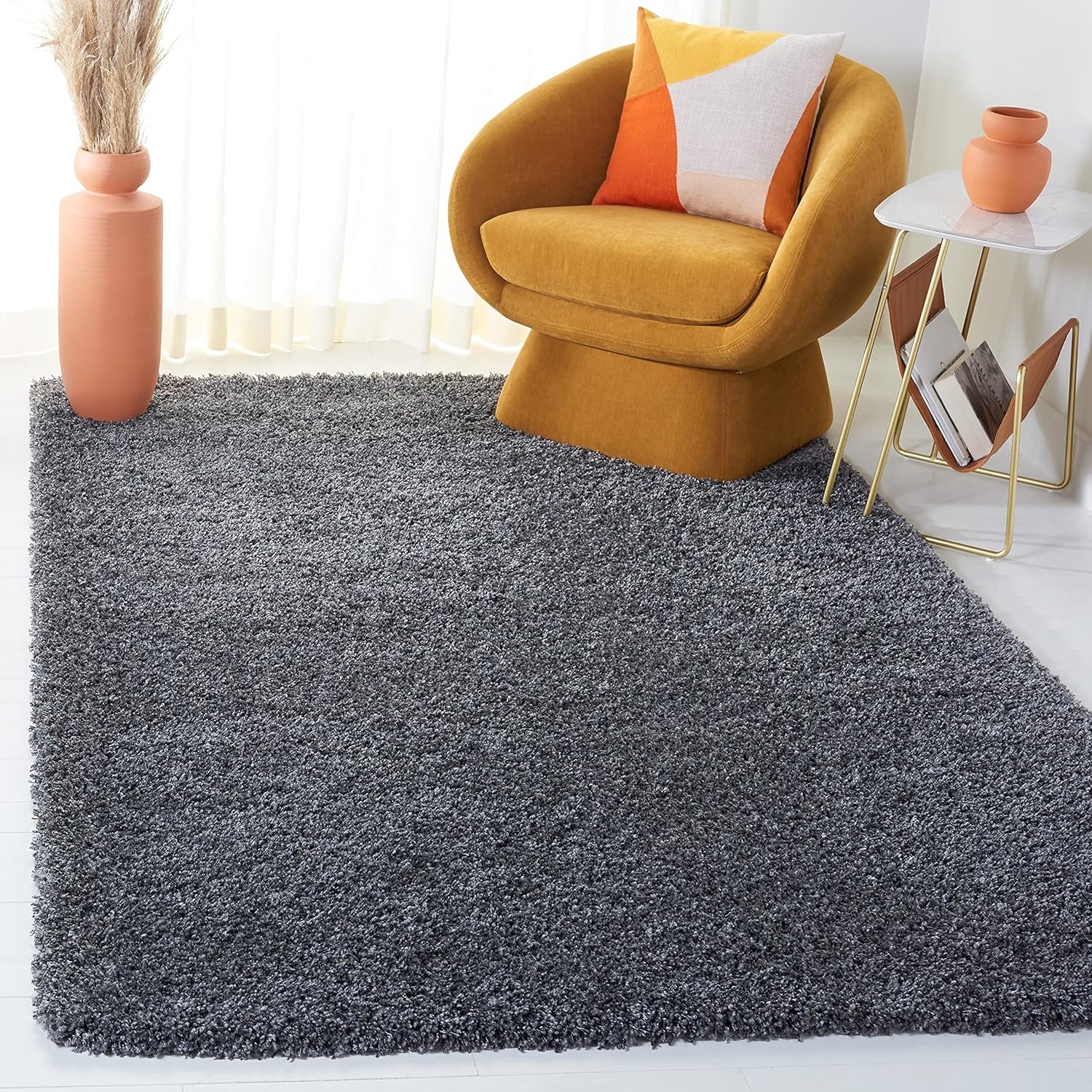 image:imageSAFAVIEH Santa Monica Shag Collection 8 x 10 Navy SGN725 Solid NonShedding Living Room Bedroom Dining Room Entryway Plush 2inch Thick Area RugDark Grey