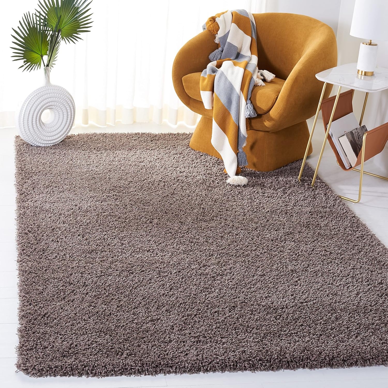 image:imageSAFAVIEH Santa Monica Shag Collection 8 x 10 Navy SGN725 Solid NonShedding Living Room Bedroom Dining Room Entryway Plush 2inch Thick Area RugTaupe