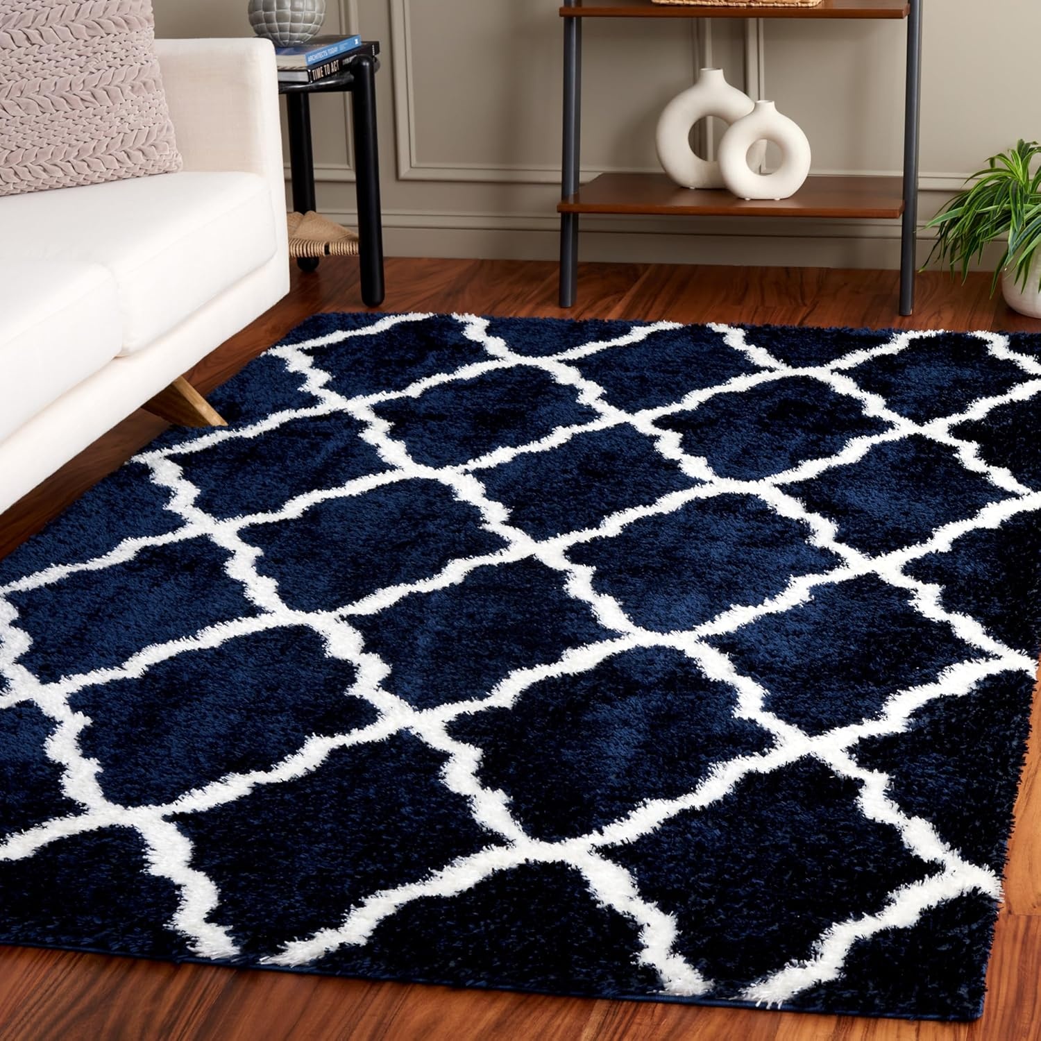 image:imageSAFAVIEH Tahoe Shag Collection Area Rug 9 x 12 Black amp White Trellis Design NonShedding amp Easy Care 12inch Thick Ideal for High Traffic Areas in Living Room Bedroom THO675ZNavyWhite