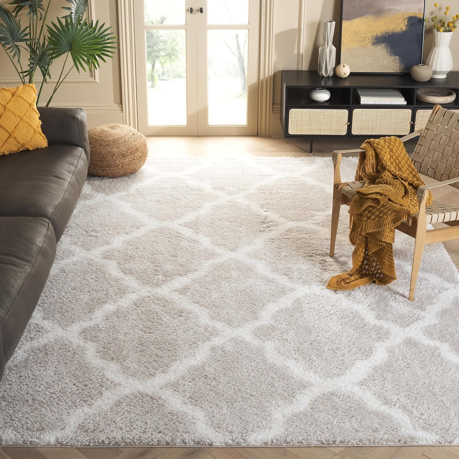 image:imageSAFAVIEH Tahoe Shag Collection Area Rug 9 x 12 Black amp White Trellis Design NonShedding amp Easy Care 12inch Thick Ideal for High Traffic Areas in Living Room Bedroom THO675ZSilverWhite