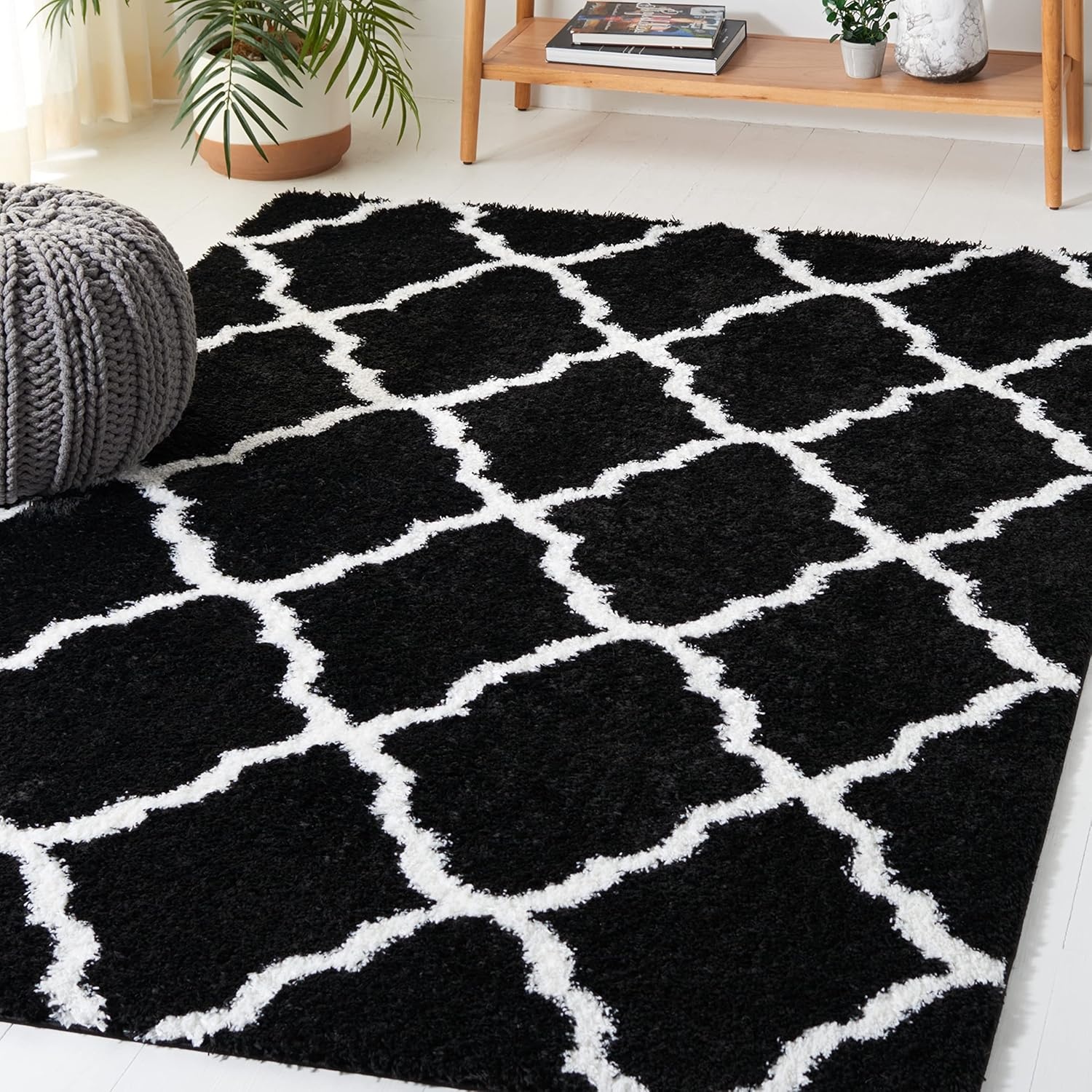 image:imageSAFAVIEH Tahoe Shag Collection Area Rug 9 x 12 Black amp White Trellis Design NonShedding amp Easy Care 12inch Thick Ideal for High Traffic Areas in Living Room Bedroom THO675ZBlackWhite