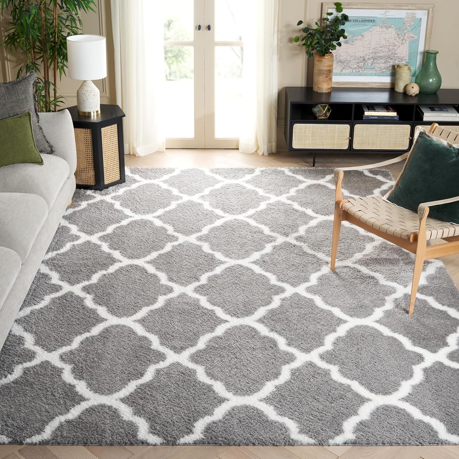 image:imageSAFAVIEH Tahoe Shag Collection Area Rug 9 x 12 Black amp White Trellis Design NonShedding amp Easy Care 12inch Thick Ideal for High Traffic Areas in Living Room Bedroom THO675ZGreyWhite