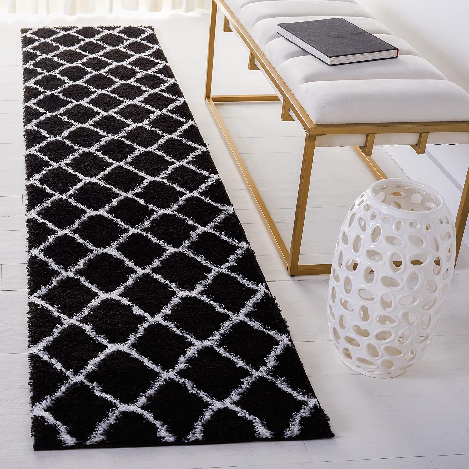 image:imageSAFAVIEH Tahoe Shag Collection Area Rug 9 x 12 Black amp White Trellis Design NonShedding amp Easy Care 12inch Thick Ideal for High Traffic Areas in Living Room Bedroom THO675ZBlackWhite