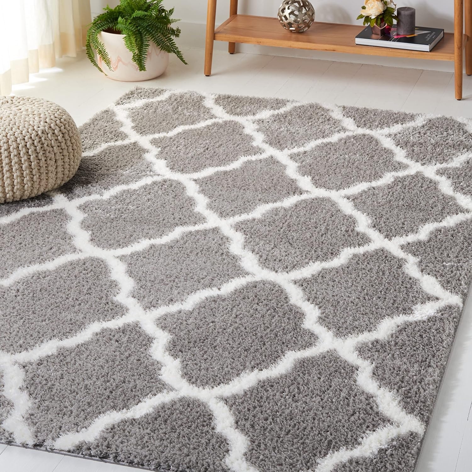 image:imageSAFAVIEH Tahoe Shag Collection Area Rug 9 x 12 Black amp White Trellis Design NonShedding amp Easy Care 12inch Thick Ideal for High Traffic Areas in Living Room Bedroom THO675ZGreyWhite