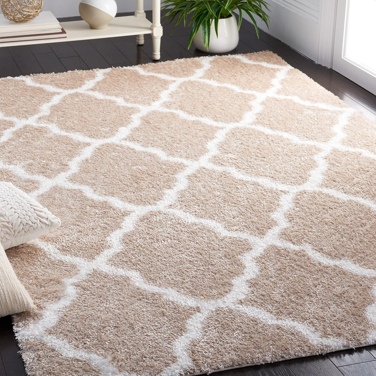 image:imageSAFAVIEH Tahoe Shag Collection Area Rug 9 x 12 Black amp White Trellis Design NonShedding amp Easy Care 12inch Thick Ideal for High Traffic Areas in Living Room Bedroom THO675ZBeigeWhite