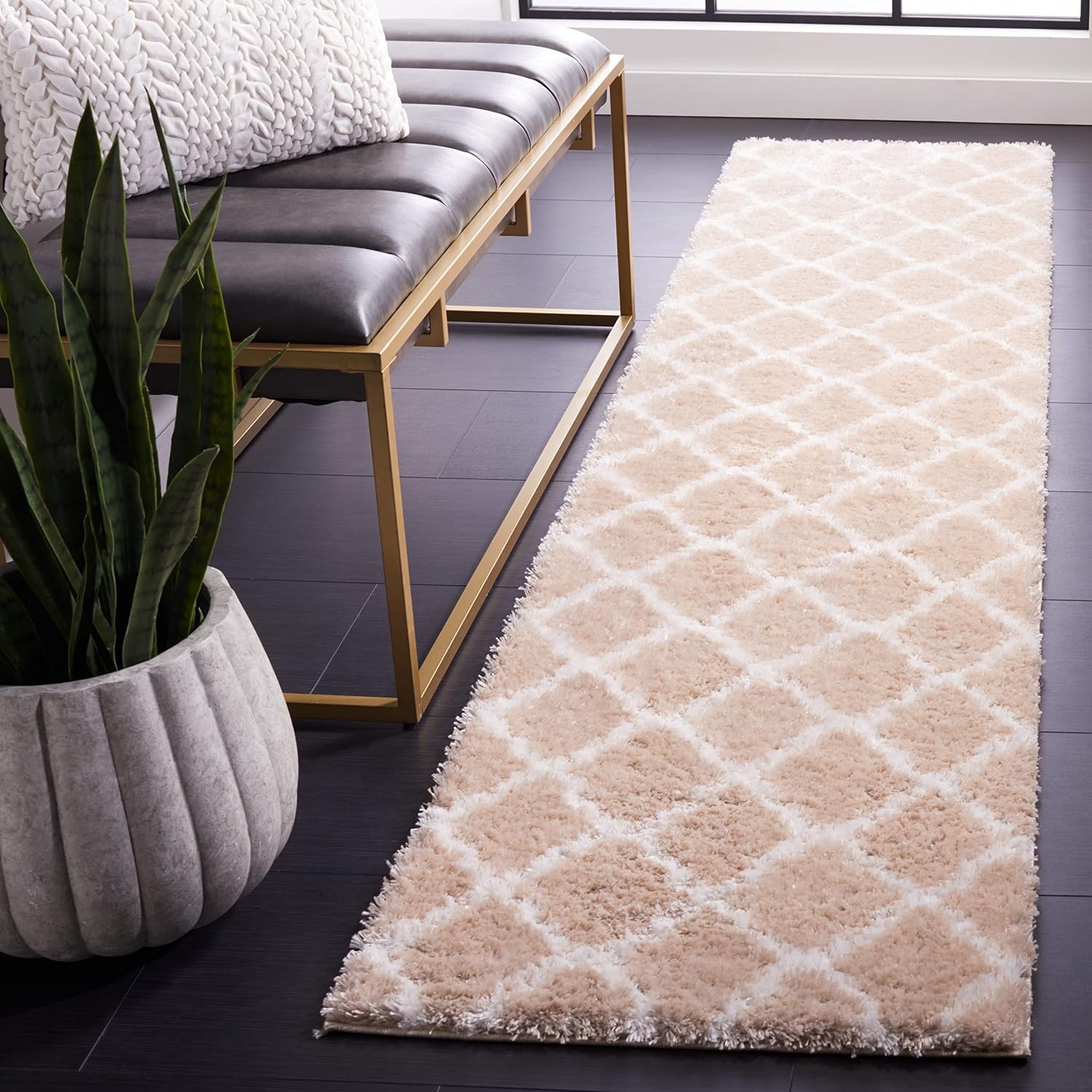 image:imageSAFAVIEH Tahoe Shag Collection Area Rug 9 x 12 Black amp White Trellis Design NonShedding amp Easy Care 12inch Thick Ideal for High Traffic Areas in Living Room Bedroom THO675ZBeigeWhite