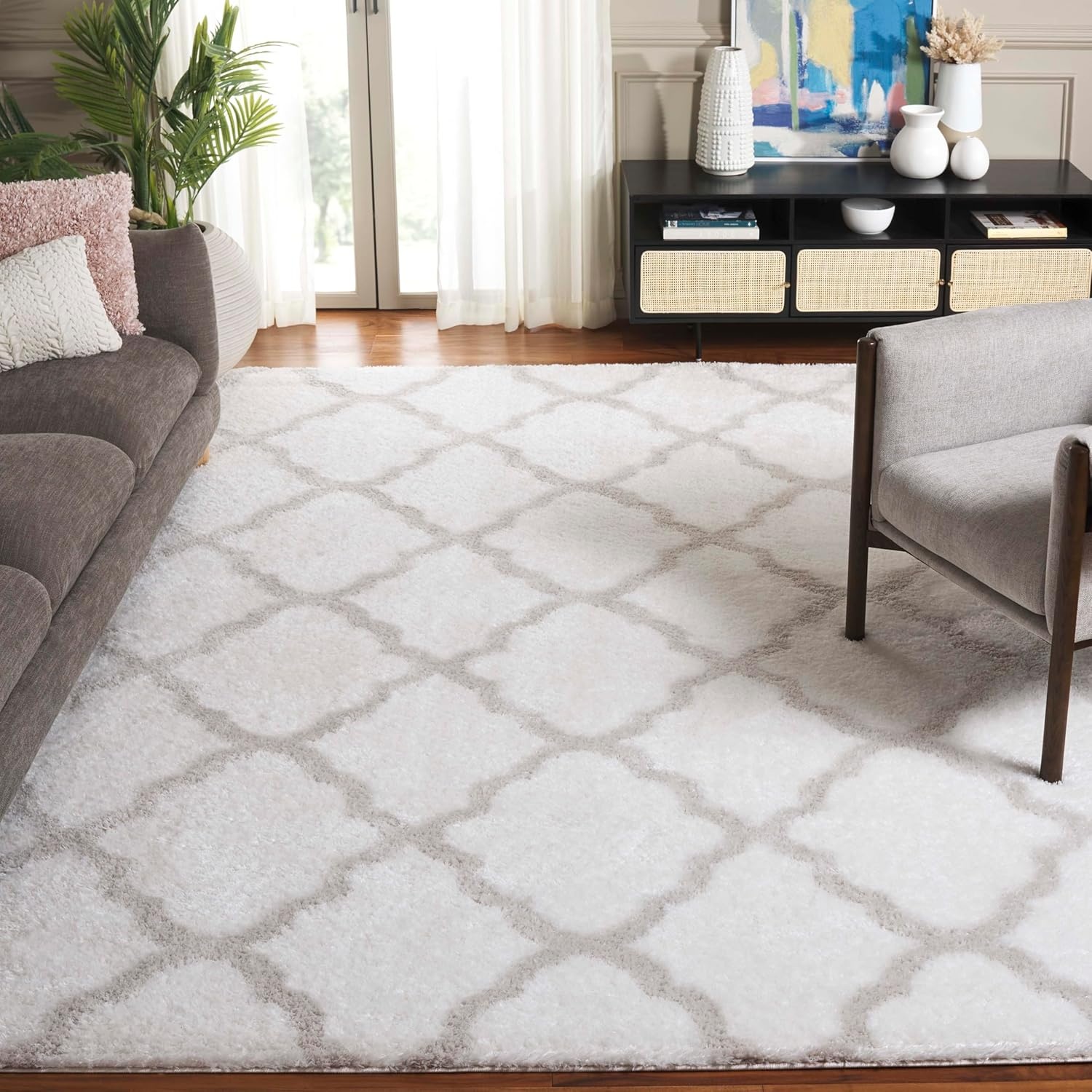 image:imageSAFAVIEH Tahoe Shag Collection Area Rug 9 x 12 Black amp White Trellis Design NonShedding amp Easy Care 12inch Thick Ideal for High Traffic Areas in Living Room Bedroom THO675ZWhiteSilver