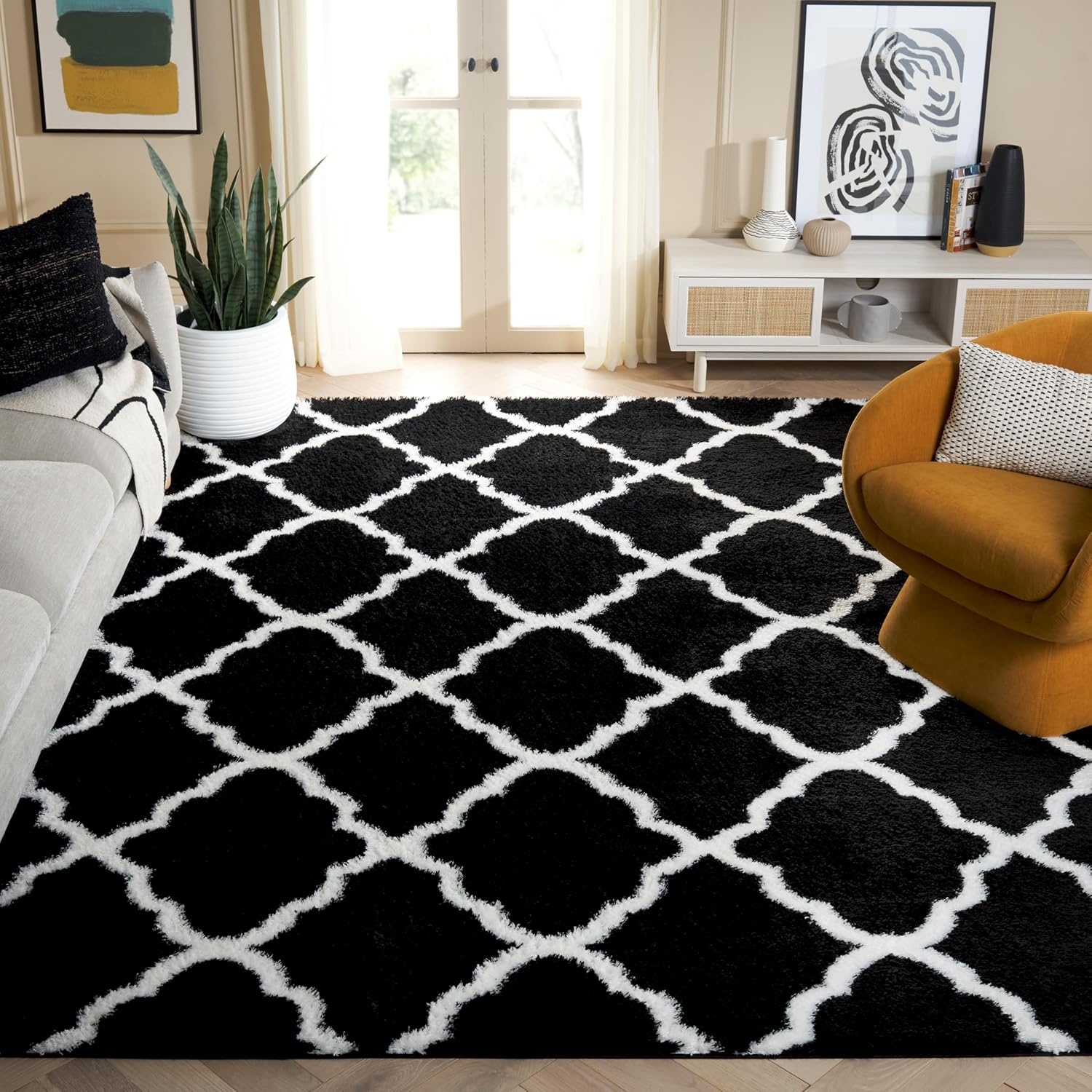 image:imageSAFAVIEH Tahoe Shag Collection Area Rug 9 x 12 Black amp White Trellis Design NonShedding amp Easy Care 12inch Thick Ideal for High Traffic Areas in Living Room Bedroom THO675ZBlackWhite
