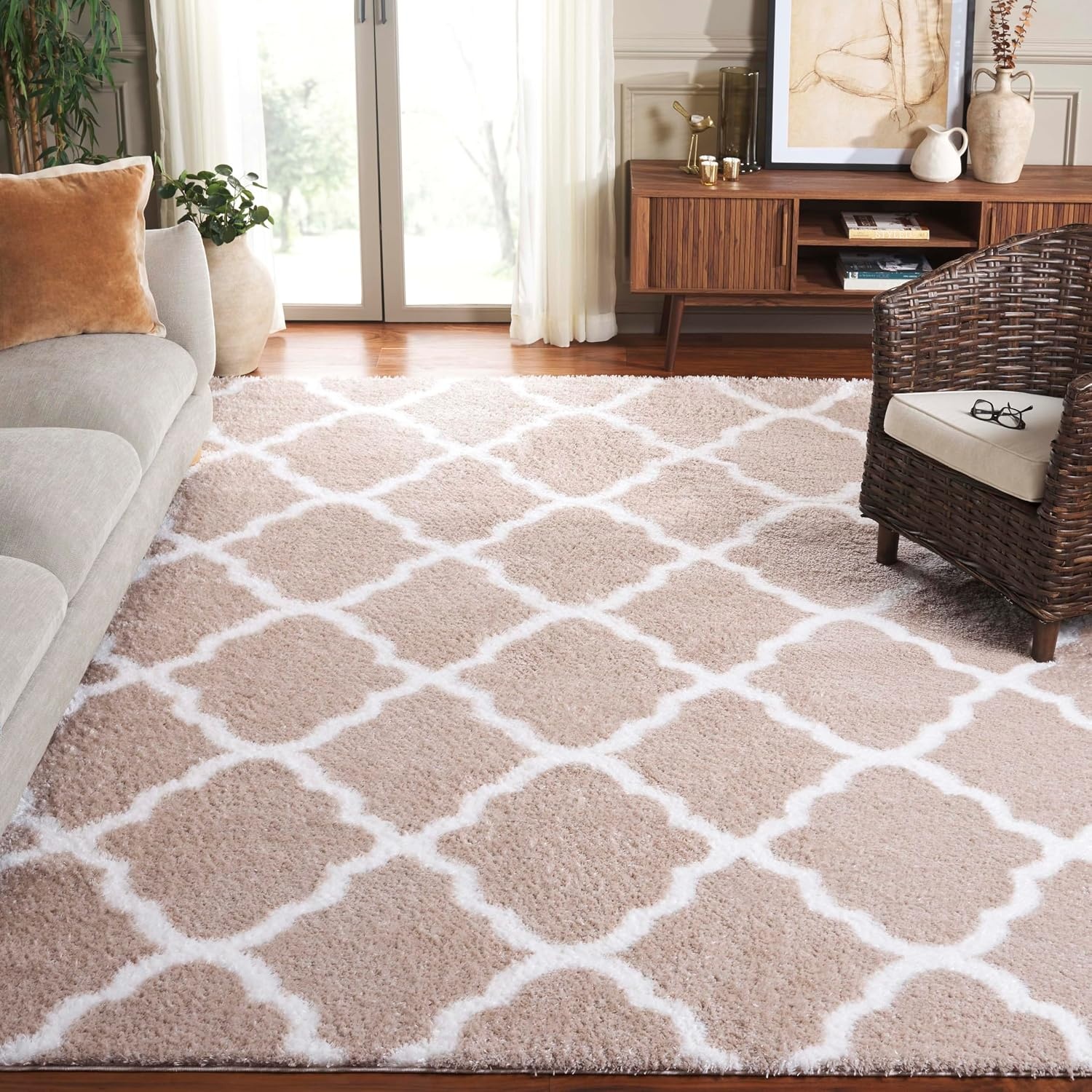 image:imageSAFAVIEH Tahoe Shag Collection Area Rug 9 x 12 Black amp White Trellis Design NonShedding amp Easy Care 12inch Thick Ideal for High Traffic Areas in Living Room Bedroom THO675ZBeigeWhite
