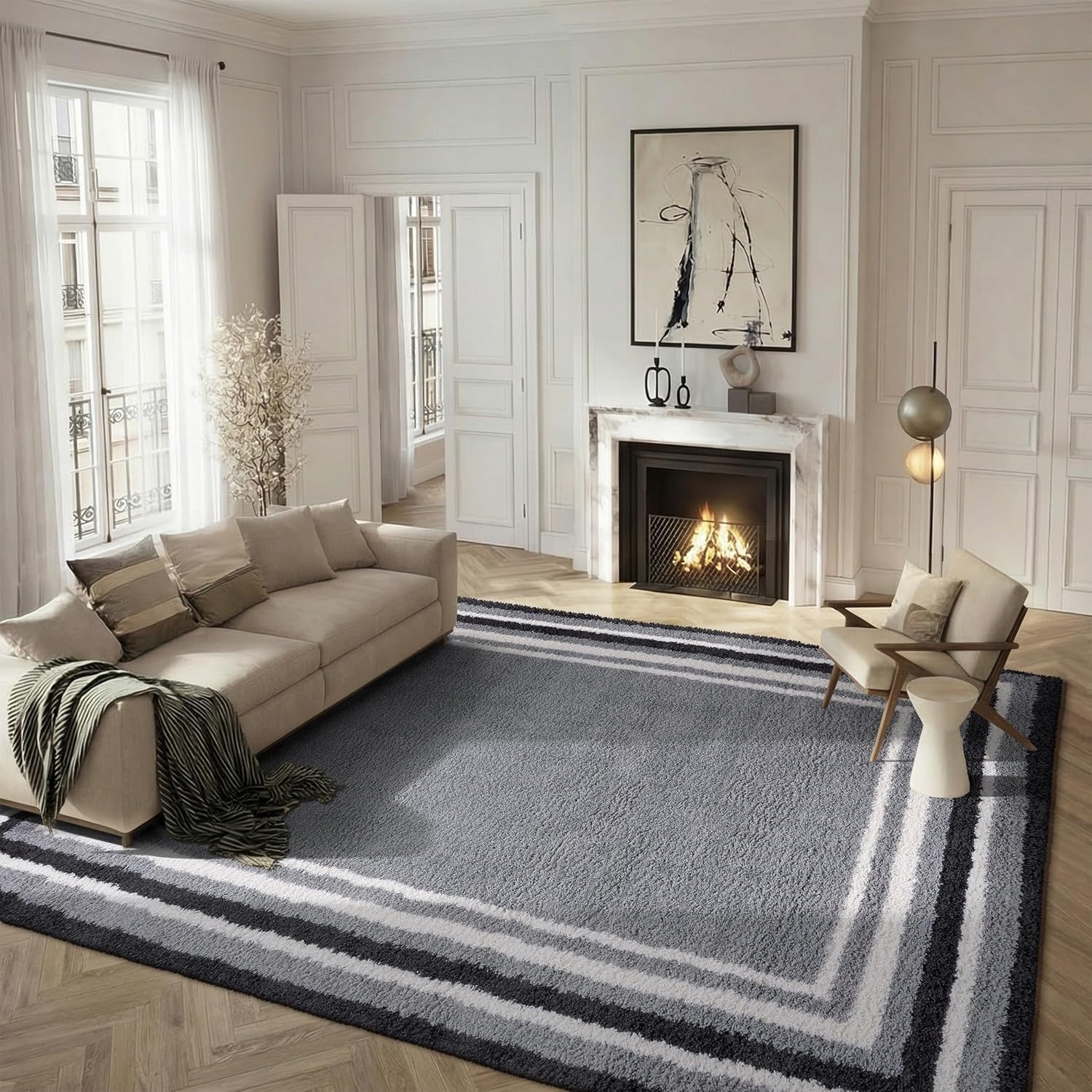 image:imageSafavieh Area Rug 8x10 Border amp Stripe Shag Collection Large Ivory amp Grey NonShedding amp Easy Cleaning Ultra Plush Thick Pile Ideal for Living Room Bedroom Dining Space BSP251FGreyBlack