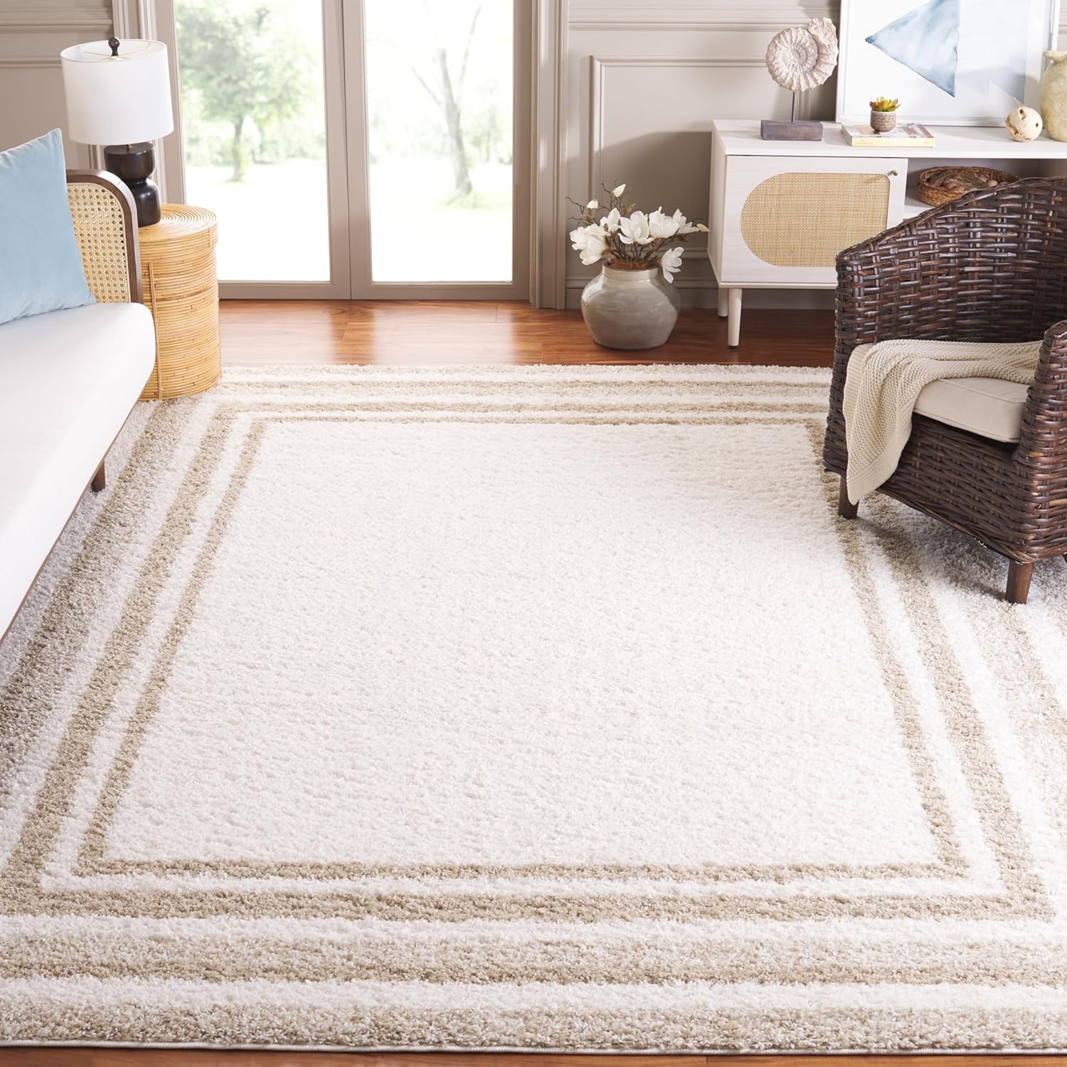 image:imageSafavieh Area Rug 8x10 Border amp Stripe Shag Collection Large Ivory amp Grey NonShedding amp Easy Cleaning Ultra Plush Thick Pile Ideal for Living Room Bedroom Dining Space BSP251FIvoryBeige