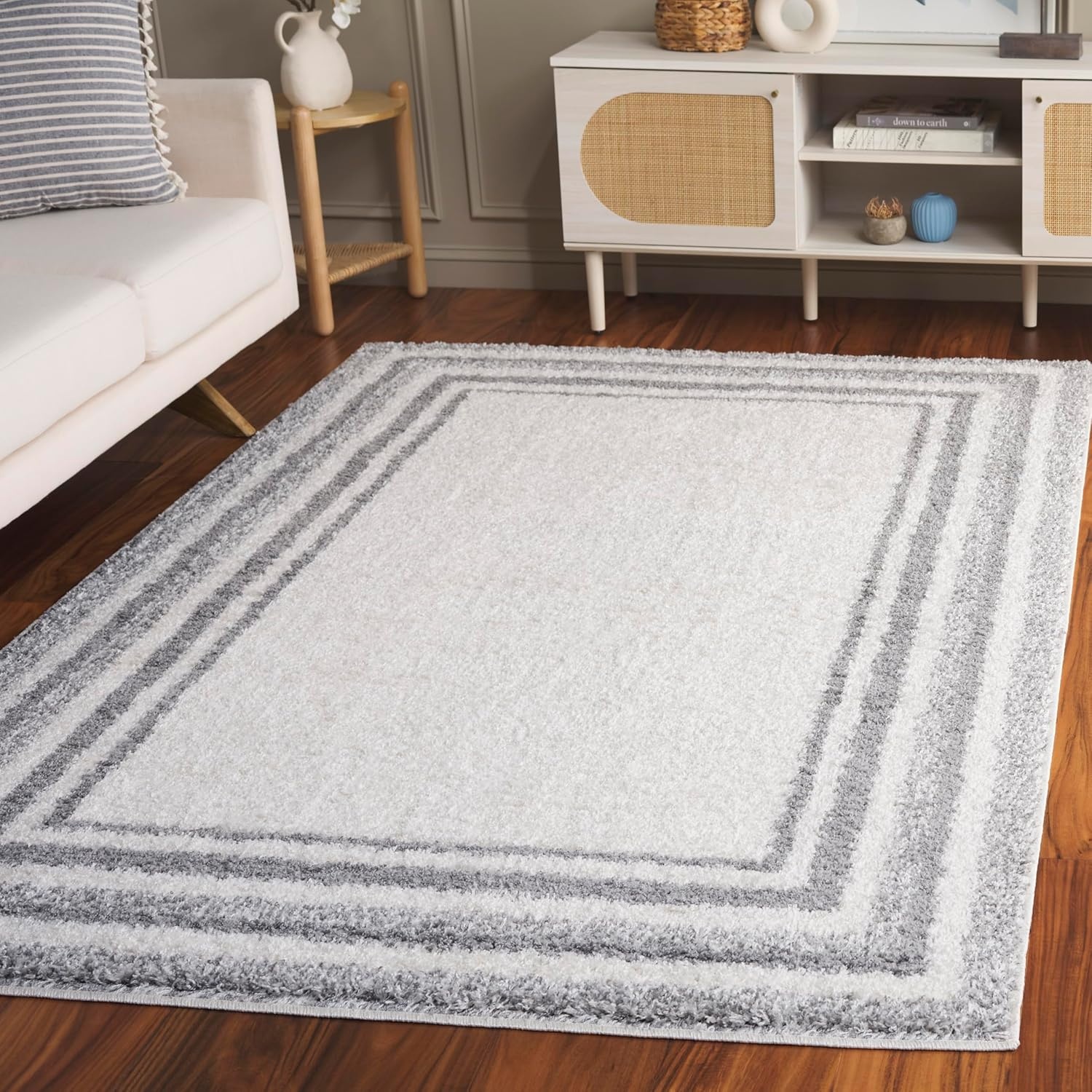 image:imageSafavieh Area Rug 8x10 Border amp Stripe Shag Collection Large Ivory amp Grey NonShedding amp Easy Cleaning Ultra Plush Thick Pile Ideal for Living Room Bedroom Dining Space BSP251FIvoryGrey