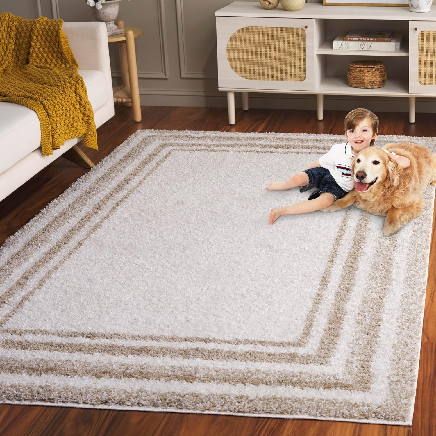 image:imageSafavieh Area Rug 8x10 Border amp Stripe Shag Collection Large Ivory amp Grey NonShedding amp Easy Cleaning Ultra Plush Thick Pile Ideal for Living Room Bedroom Dining Space BSP251FIvoryBeige