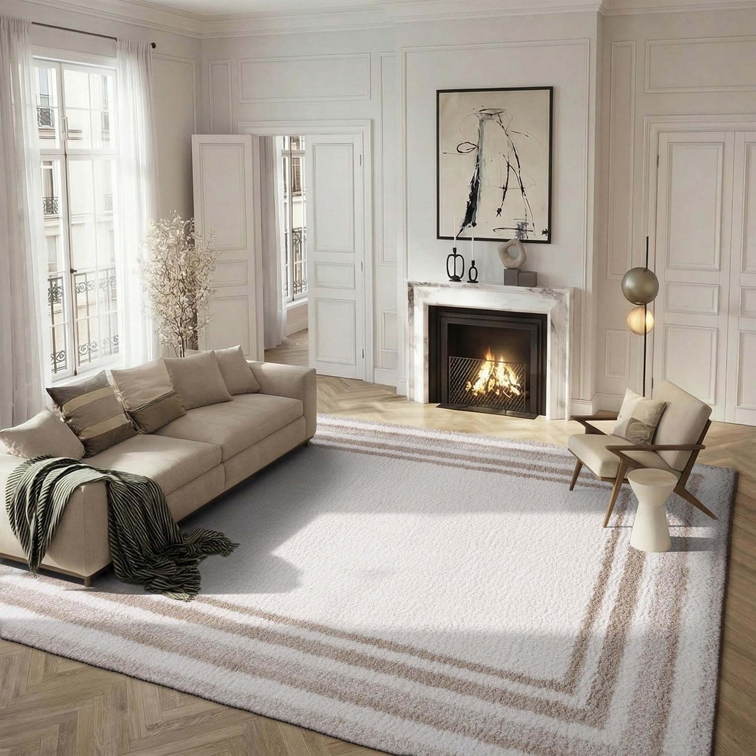 image:imageSafavieh Area Rug 8x10 Border amp Stripe Shag Collection Large Ivory amp Grey NonShedding amp Easy Cleaning Ultra Plush Thick Pile Ideal for Living Room Bedroom Dining Space BSP251FIvoryBeige