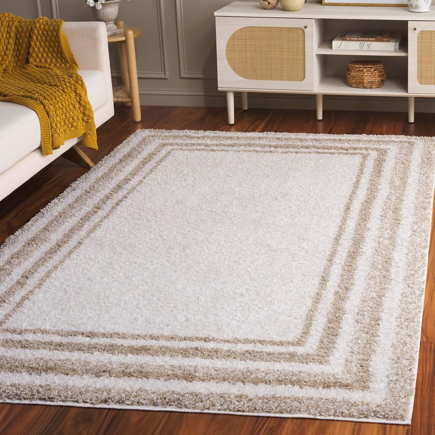 image:imageSafavieh Area Rug 8x10 Border amp Stripe Shag Collection Large Ivory amp Grey NonShedding amp Easy Cleaning Ultra Plush Thick Pile Ideal for Living Room Bedroom Dining Space BSP251FIvoryBeige