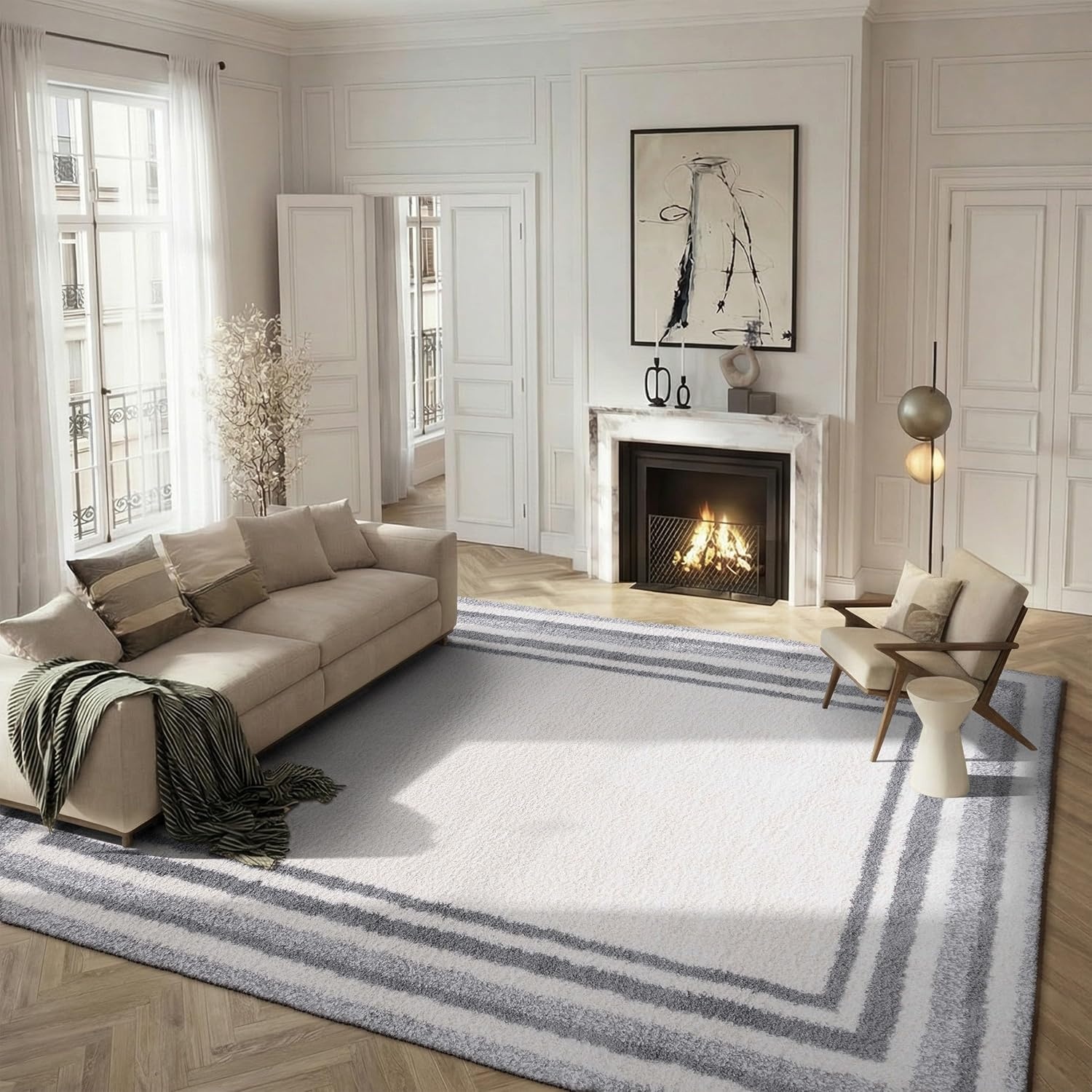 image:imageSafavieh Area Rug 8x10 Border amp Stripe Shag Collection Large Ivory amp Grey NonShedding amp Easy Cleaning Ultra Plush Thick Pile Ideal for Living Room Bedroom Dining Space BSP251FIvoryGrey