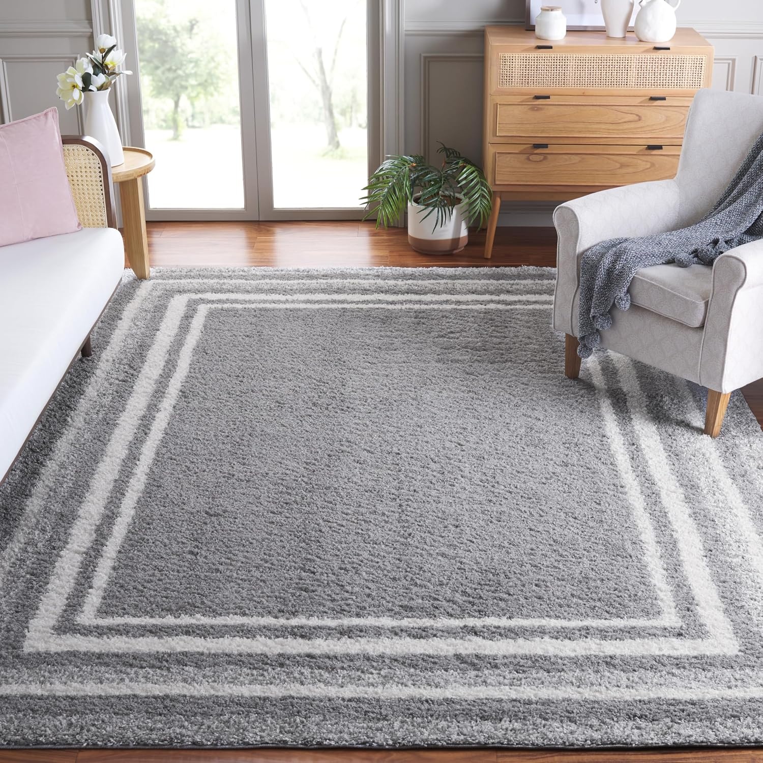 image:imageSafavieh Area Rug 8x10 Border amp Stripe Shag Collection Large Ivory amp Grey NonShedding amp Easy Cleaning Ultra Plush Thick Pile Ideal for Living Room Bedroom Dining Space BSP251FGreyIvory