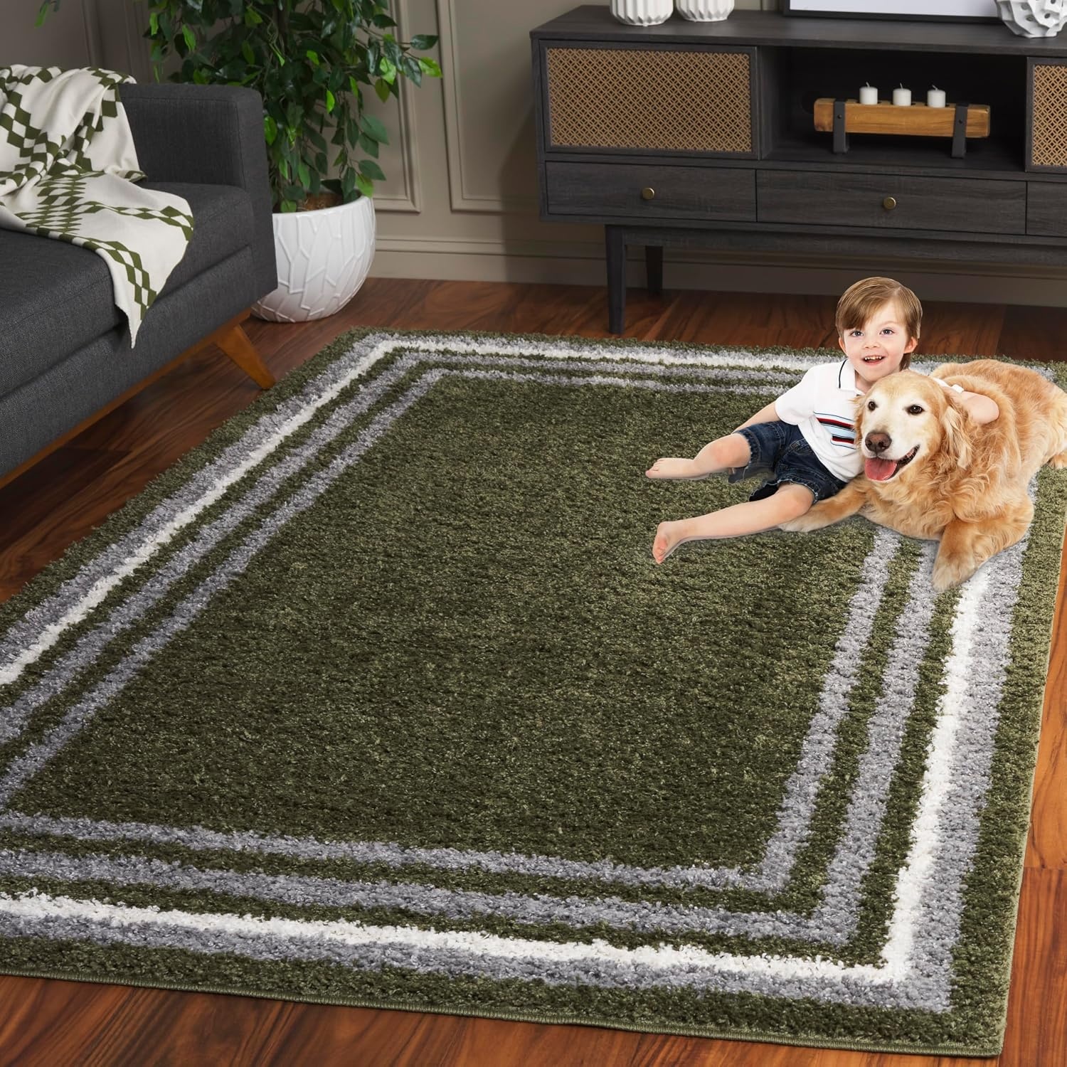 image:imageSafavieh Area Rug 8x10 Border amp Stripe Shag Collection Large Ivory amp Grey NonShedding amp Easy Cleaning Ultra Plush Thick Pile Ideal for Living Room Bedroom Dining Space BSP251FGreen