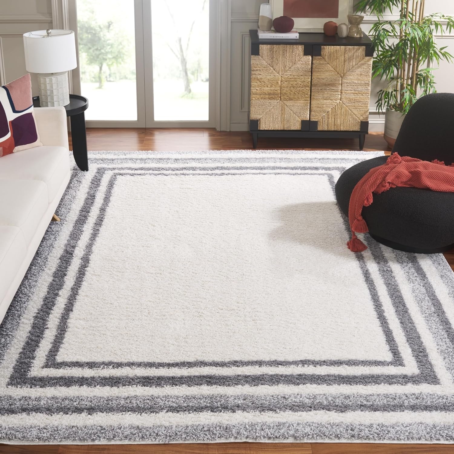 image:imageSafavieh Area Rug 8x10 Border amp Stripe Shag Collection Large Ivory amp Grey NonShedding amp Easy Cleaning Ultra Plush Thick Pile Ideal for Living Room Bedroom Dining Space BSP251FIvoryGrey