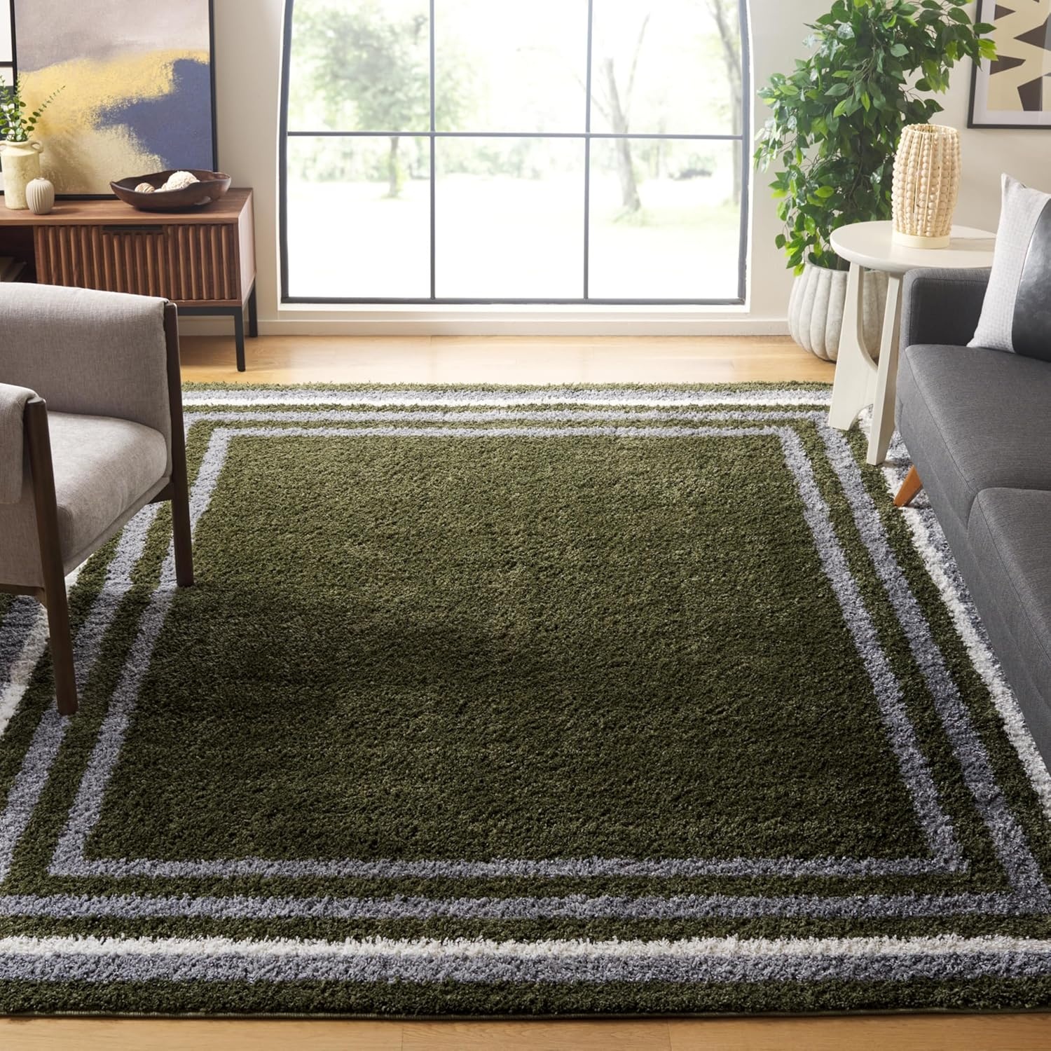 image:imageSafavieh Area Rug 8x10 Border amp Stripe Shag Collection Large Ivory amp Grey NonShedding amp Easy Cleaning Ultra Plush Thick Pile Ideal for Living Room Bedroom Dining Space BSP251FGreen