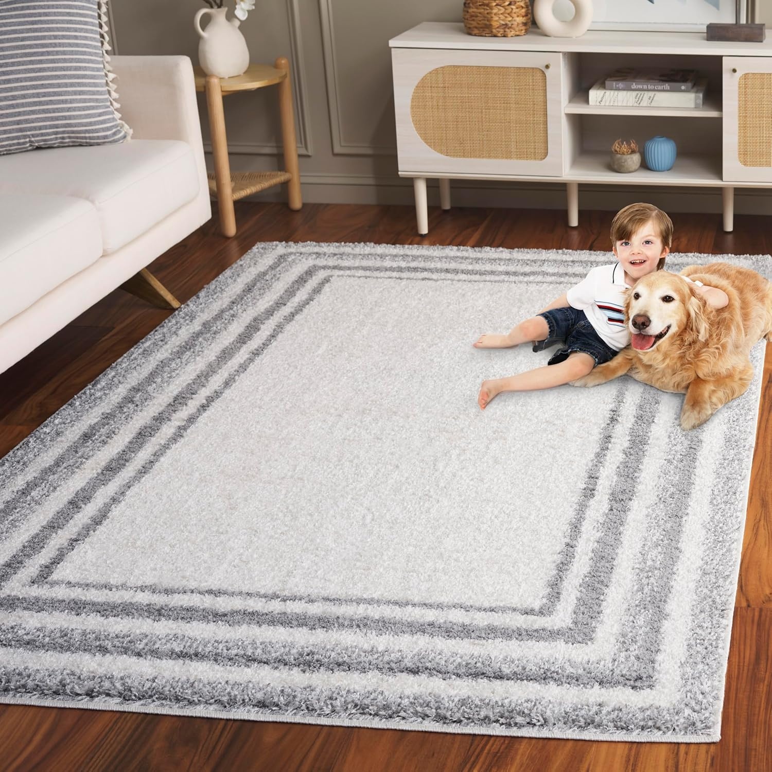 image:imageSafavieh Area Rug 8x10 Border amp Stripe Shag Collection Large Ivory amp Grey NonShedding amp Easy Cleaning Ultra Plush Thick Pile Ideal for Living Room Bedroom Dining Space BSP251FIvoryGrey