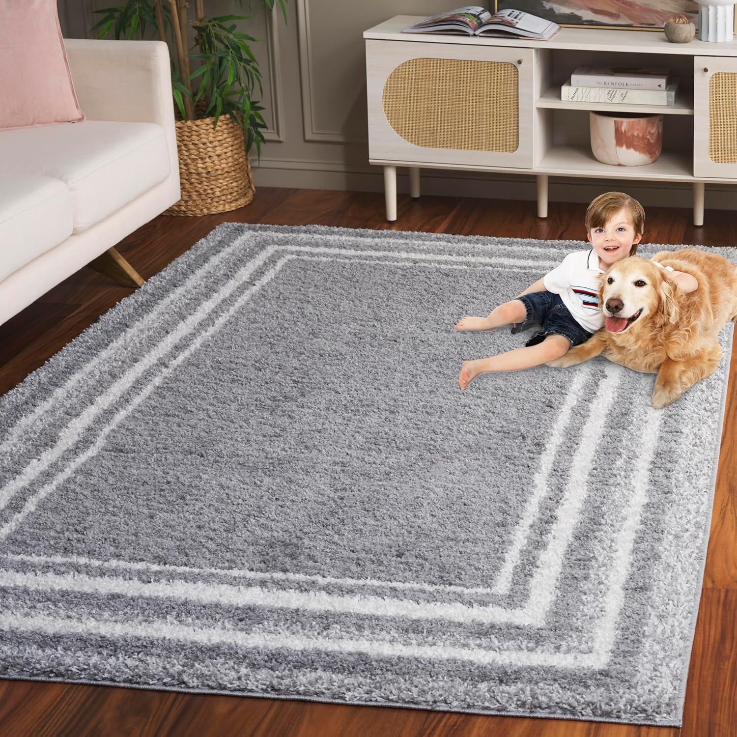 image:imageSafavieh Area Rug 8x10 Border amp Stripe Shag Collection Large Ivory amp Grey NonShedding amp Easy Cleaning Ultra Plush Thick Pile Ideal for Living Room Bedroom Dining Space BSP251FGreyIvory
