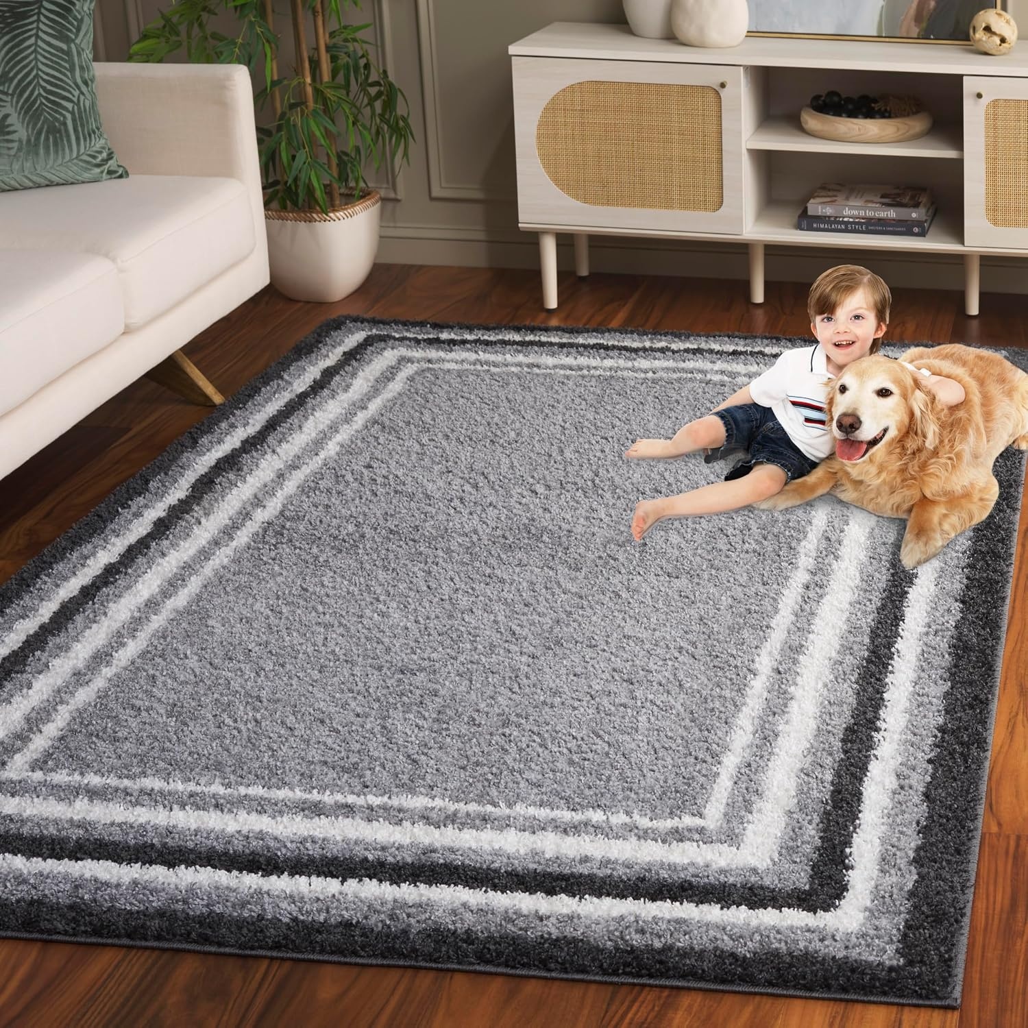 image:imageSafavieh Area Rug 8x10 Border amp Stripe Shag Collection Large Ivory amp Grey NonShedding amp Easy Cleaning Ultra Plush Thick Pile Ideal for Living Room Bedroom Dining Space BSP251FGreyBlack