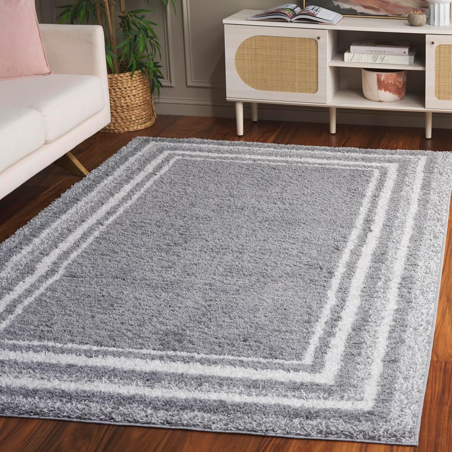 image:imageSafavieh Area Rug 8x10 Border amp Stripe Shag Collection Large Ivory amp Grey NonShedding amp Easy Cleaning Ultra Plush Thick Pile Ideal for Living Room Bedroom Dining Space BSP251FGreyIvory