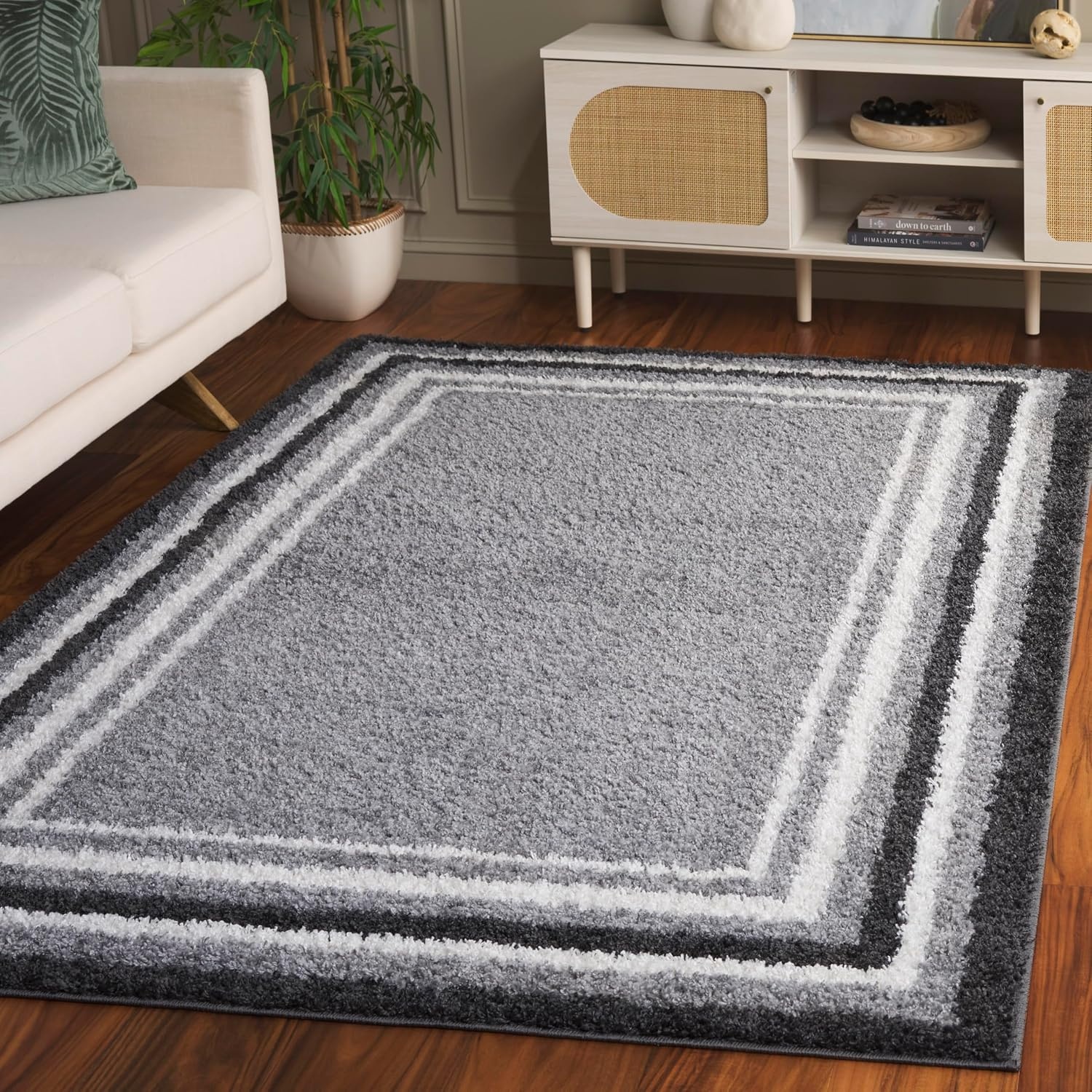 image:imageSafavieh Area Rug 8x10 Border amp Stripe Shag Collection Large Ivory amp Grey NonShedding amp Easy Cleaning Ultra Plush Thick Pile Ideal for Living Room Bedroom Dining Space BSP251FGreyBlack