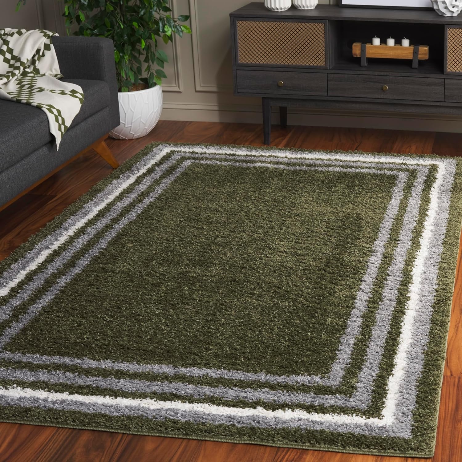 image:imageSafavieh Area Rug 8x10 Border amp Stripe Shag Collection Large Ivory amp Grey NonShedding amp Easy Cleaning Ultra Plush Thick Pile Ideal for Living Room Bedroom Dining Space BSP251FGreen