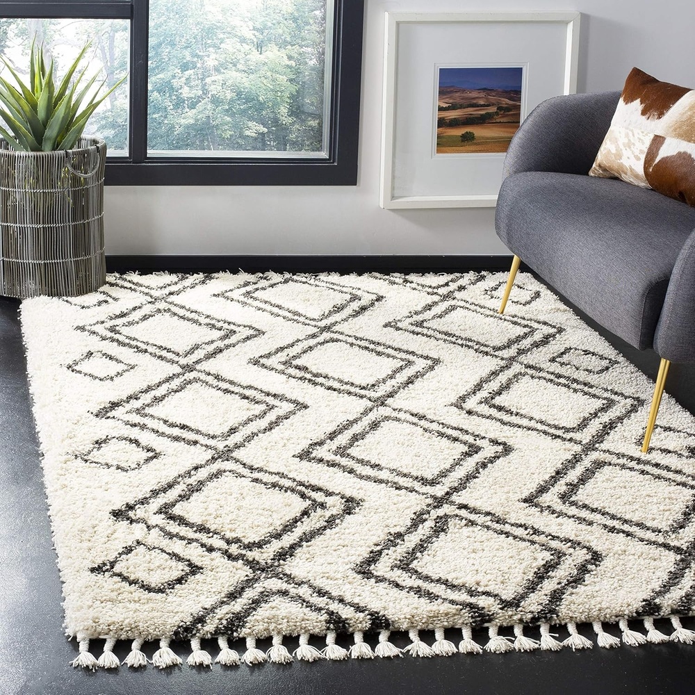 image:imageSAFAVIEH Area Rug 8x10 Moroccan Fringe Shag Collection Large Cream amp Charcoal Boho Design NonShedding amp Easy Cleaning Plush Thick Pile Ideal for Living Room Bedroom Dining Space MFG247BCreamCharcoal